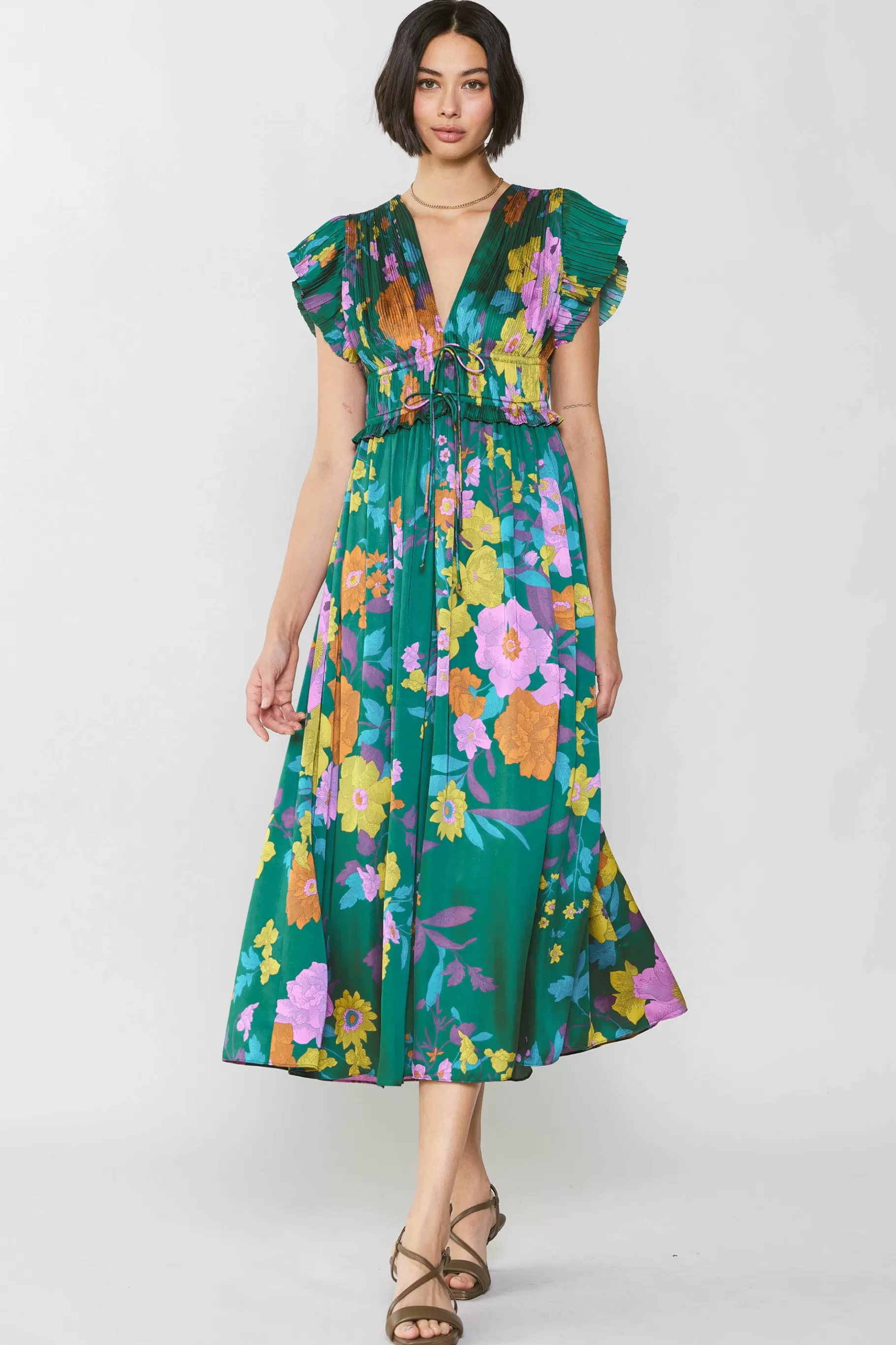 Current Air Midi Dresses>Mara Floral Pleated Midi Dress GREENFLORAL