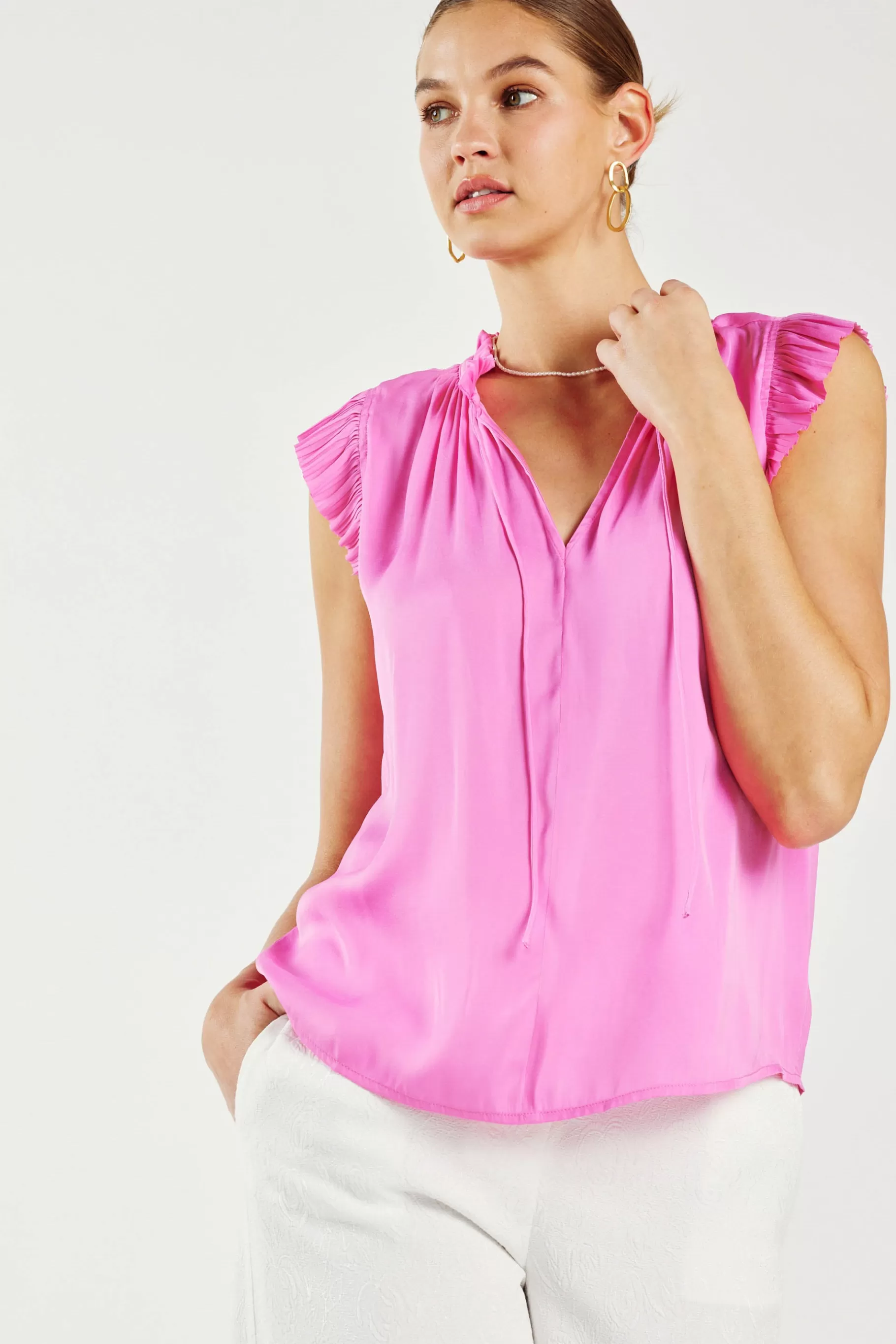 Current Air Short Sleeve Tops>Margot Pleated Sleeve Blouse PINK