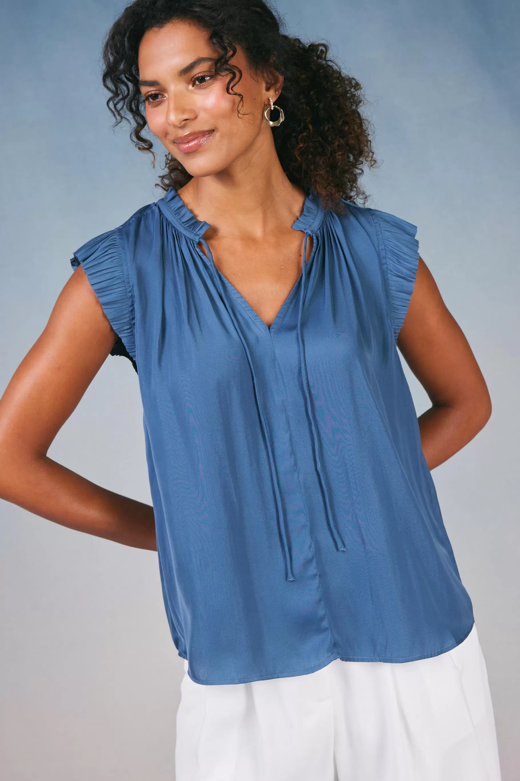 Current Air Short Sleeve Tops>Margot Pleated Sleeve Blouse DARKDUSTYBLUE