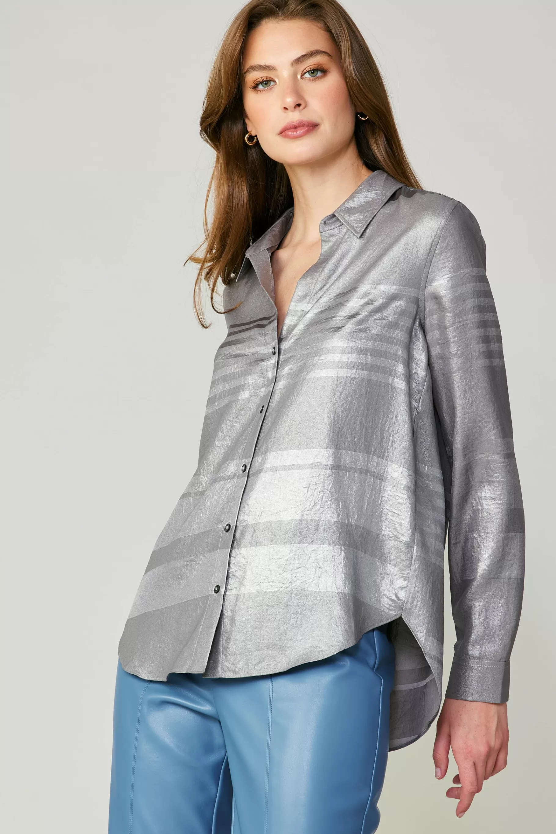 Current Air Long Sleeve Tops>Metallic Buttonup Shirt SILVER