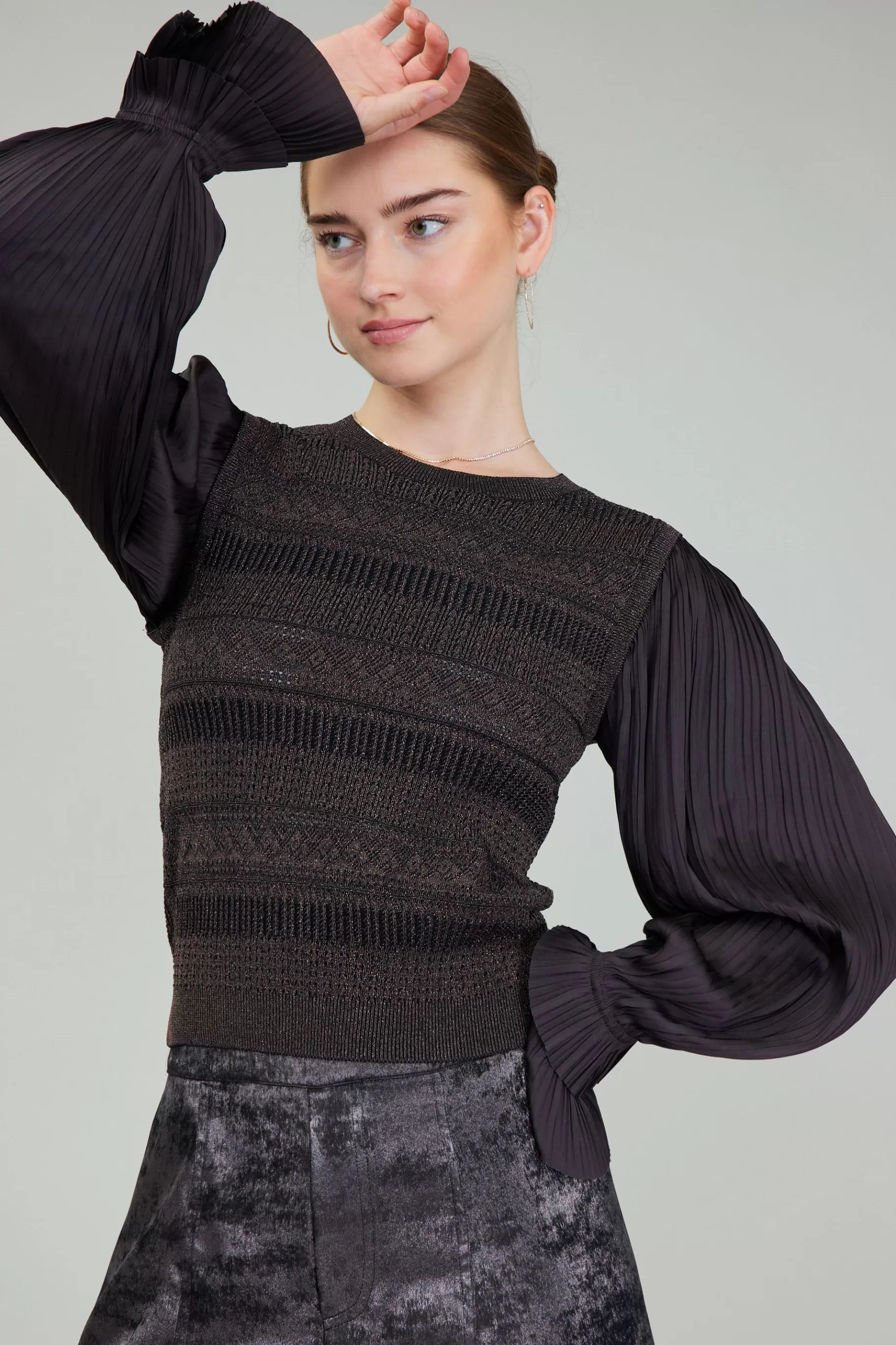 Current Air Knitwear | Long Sleeve Tops>Metallic Contrast Sweater Top DARKBRONZE