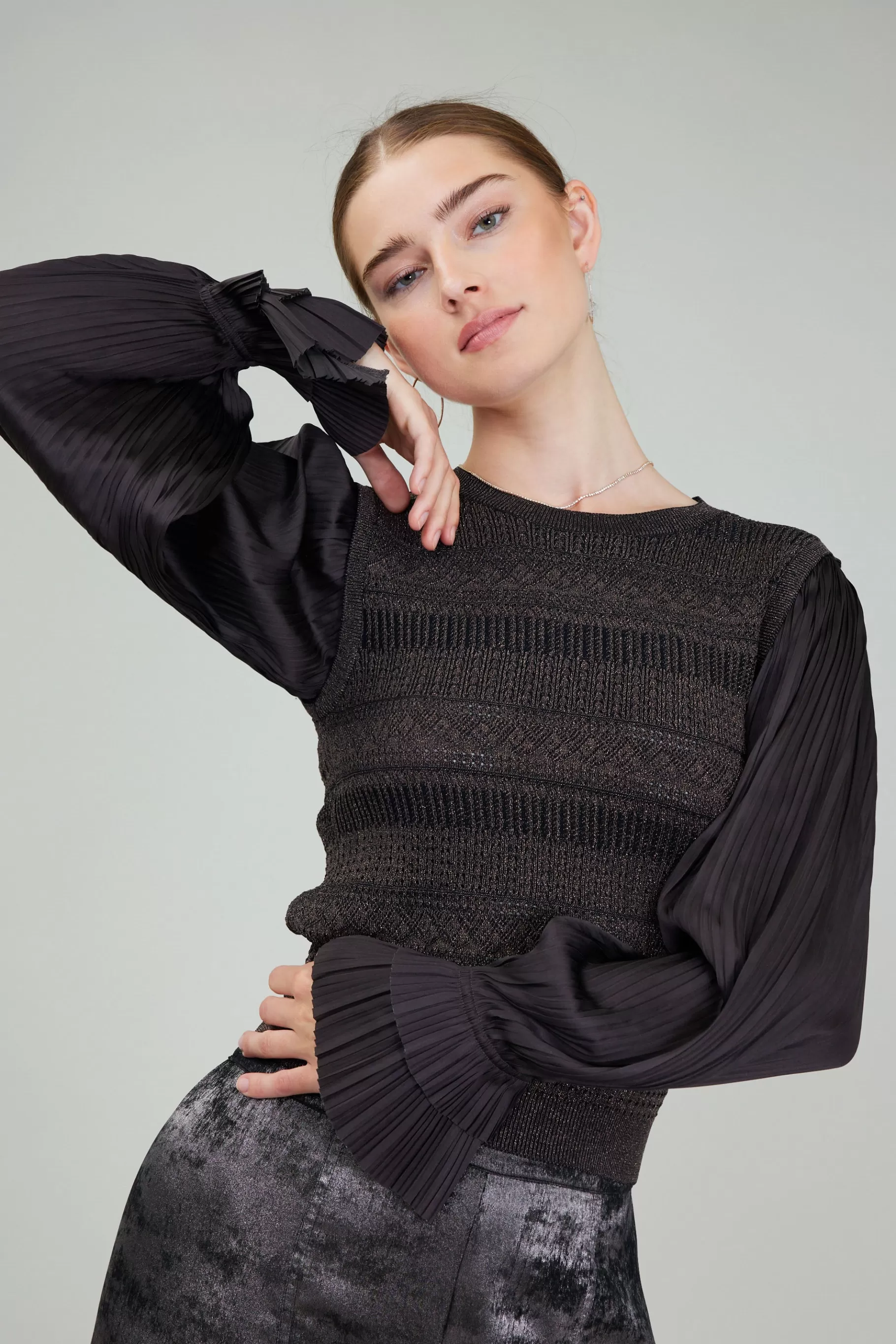 Current Air Knitwear | Long Sleeve Tops>Metallic Contrast Sweater Top DARKBRONZE
