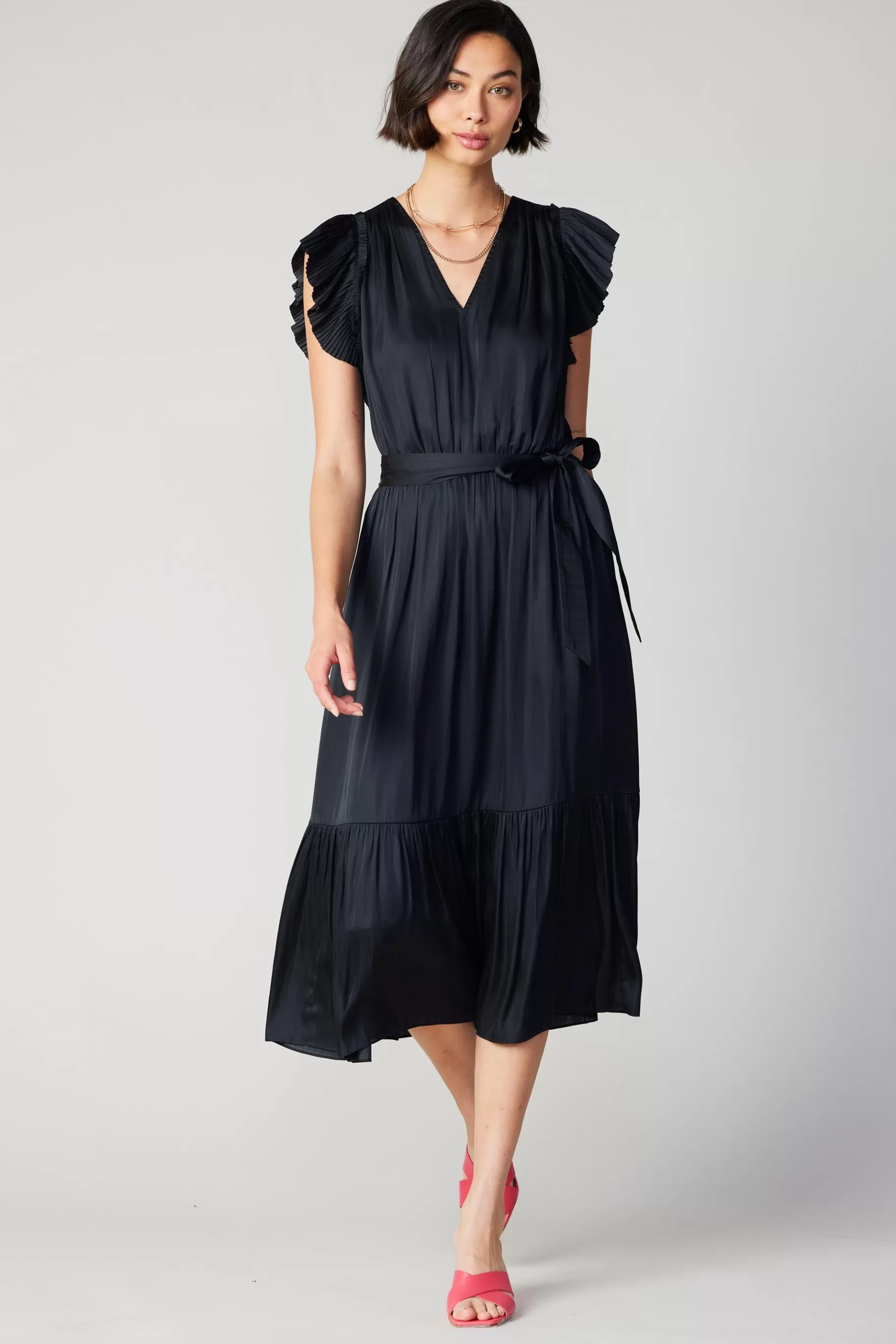 Current Air Midi Dresses>Natalia Flutter Sleeve Dress BLACK