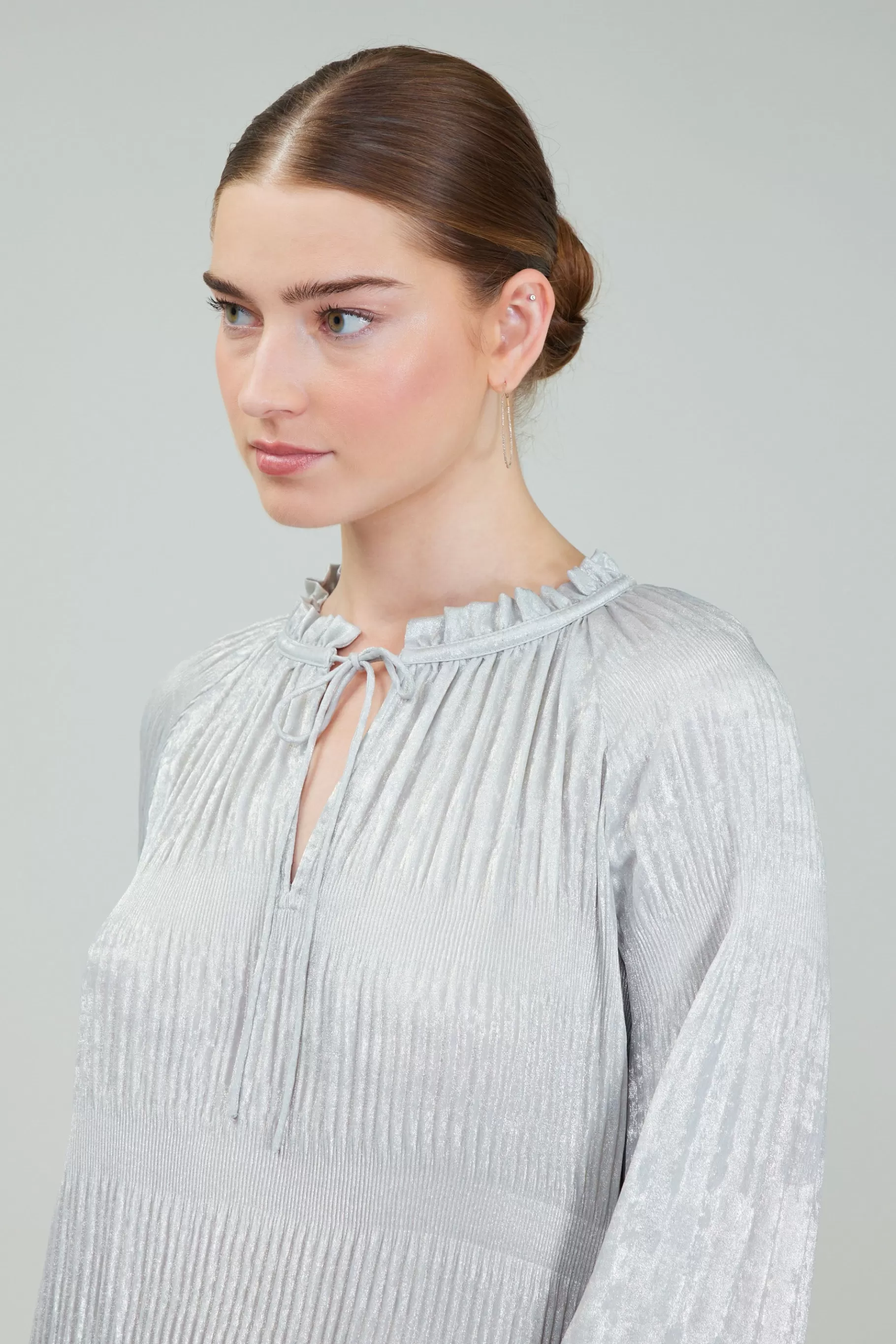 Current Air Long Sleeve Tops>Opalescent Pleated Blouse OYSTER