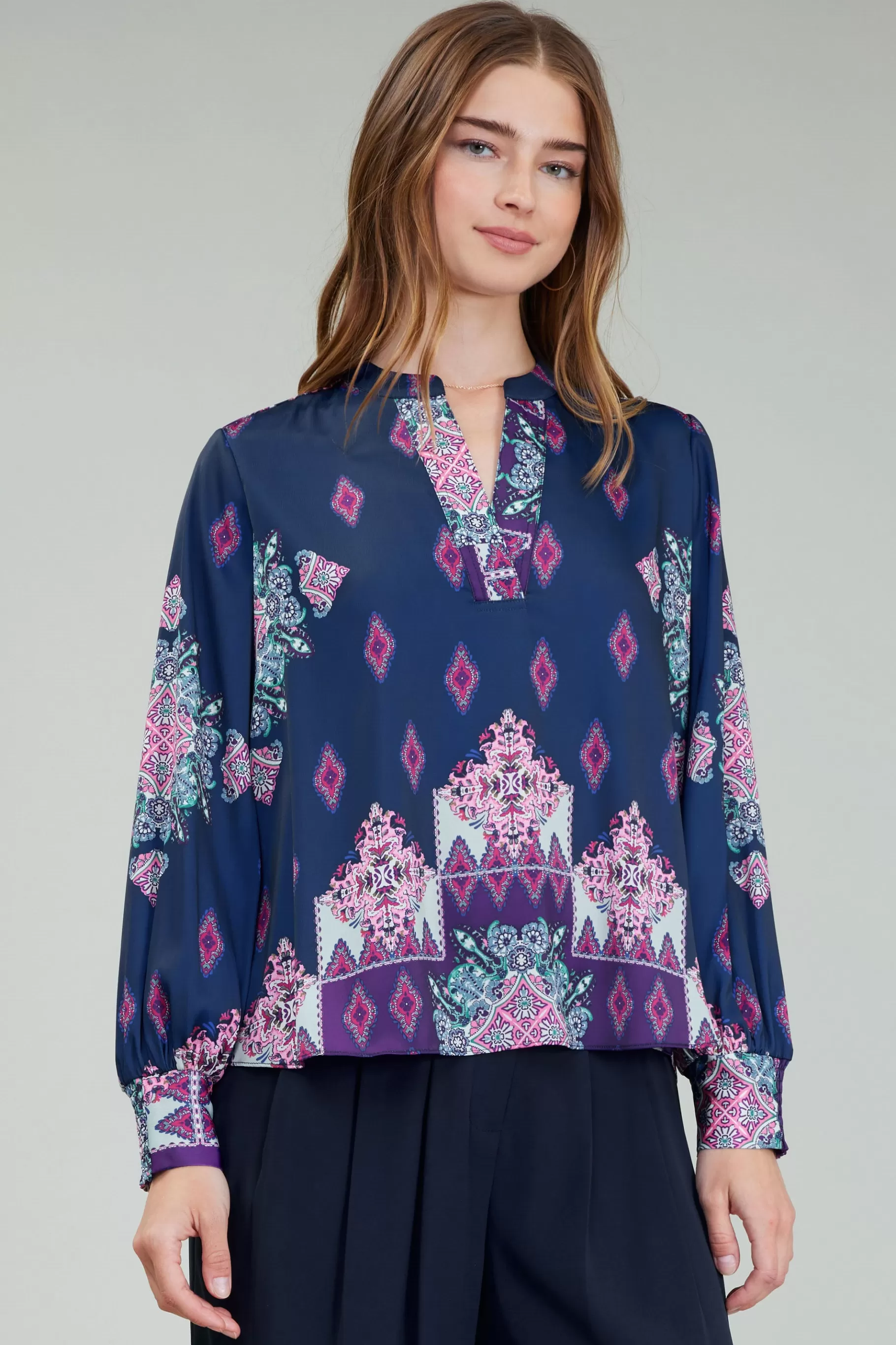 Current Air Long Sleeve Tops>Ornate Border Print Blouse MLT