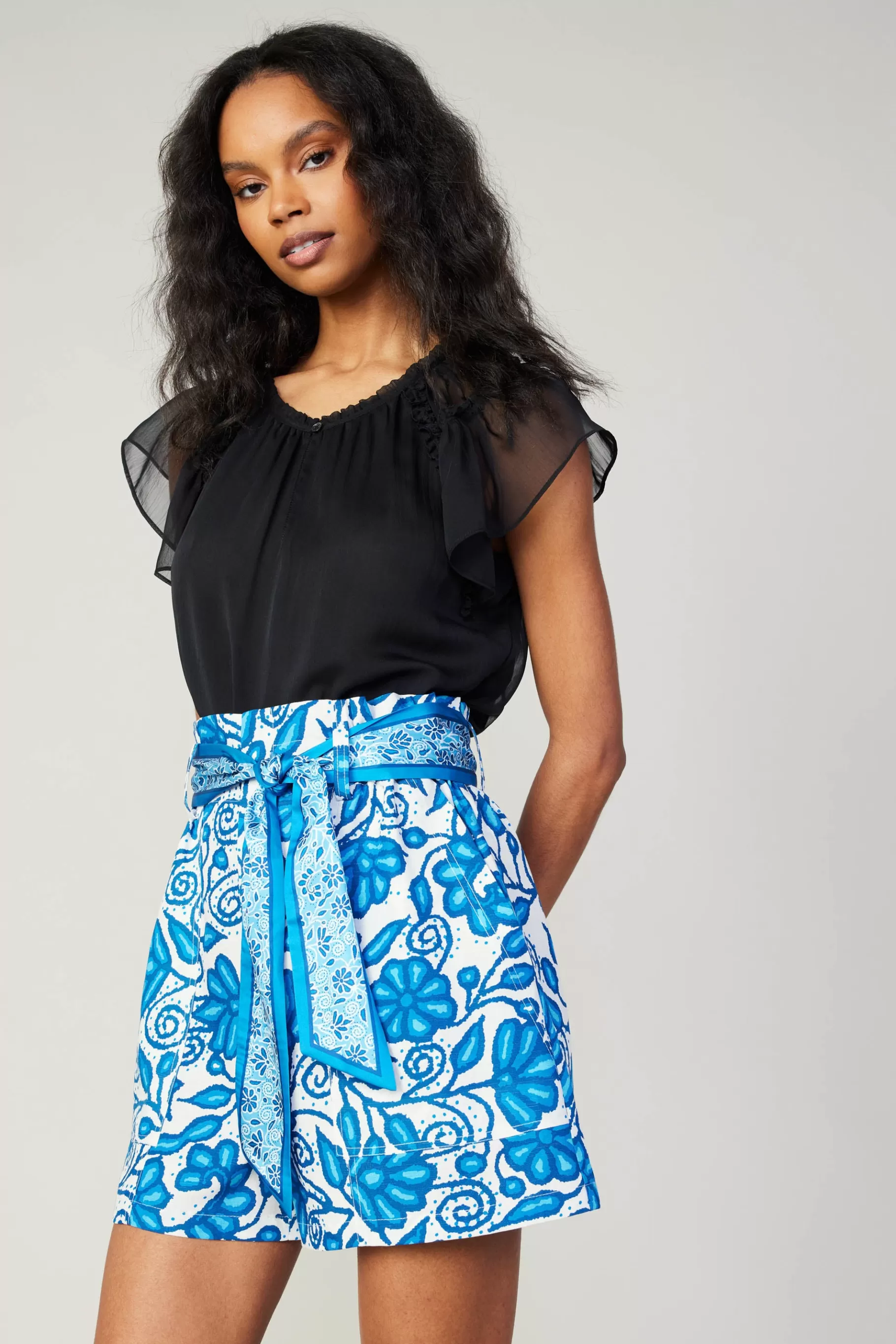 Current Air Shorts>Painterly Floral Belted Shorts BLUEMLT