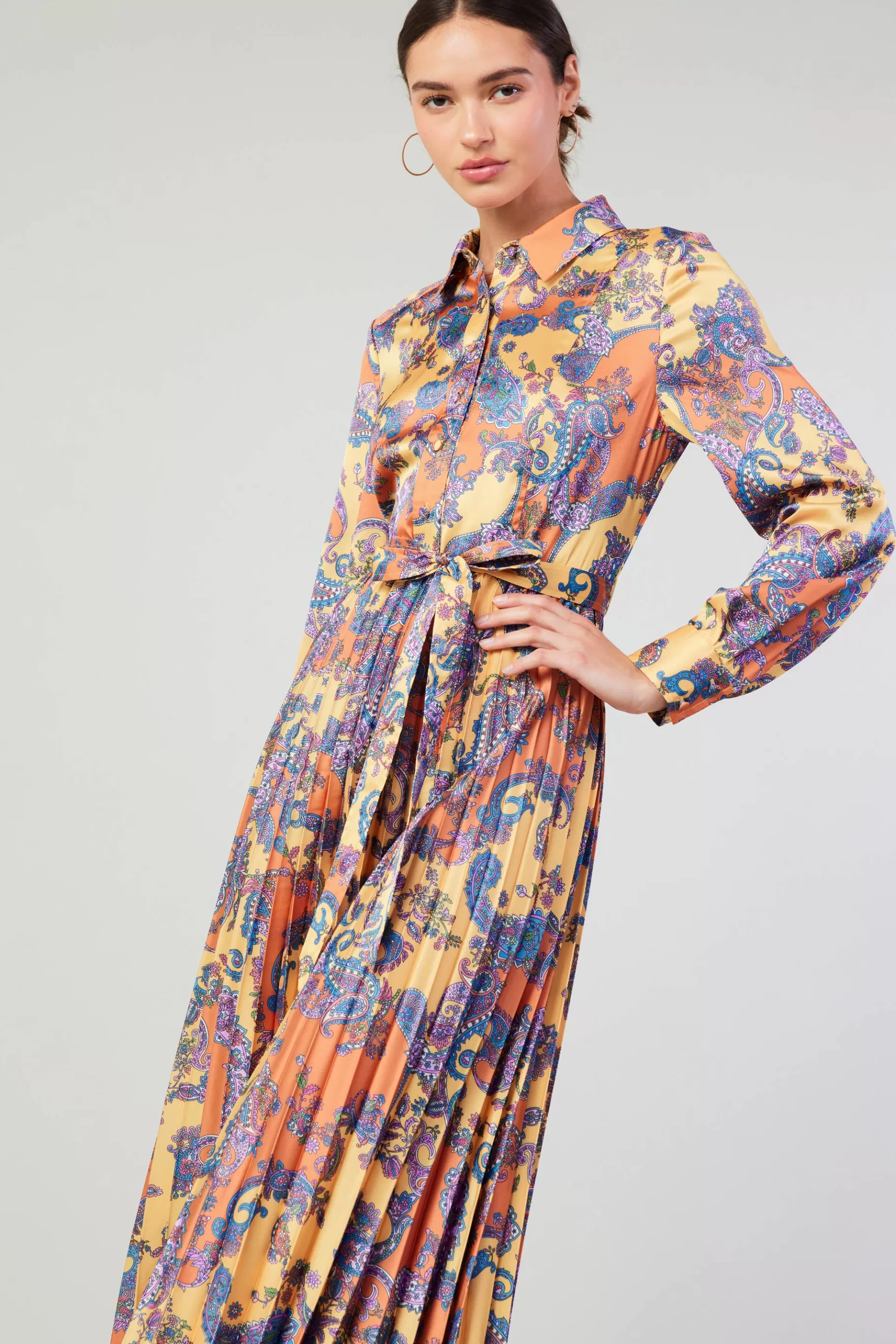 Current Air Maxi Dresses>Paisley Pleated Maxi Dress ORANGEPAISLEY