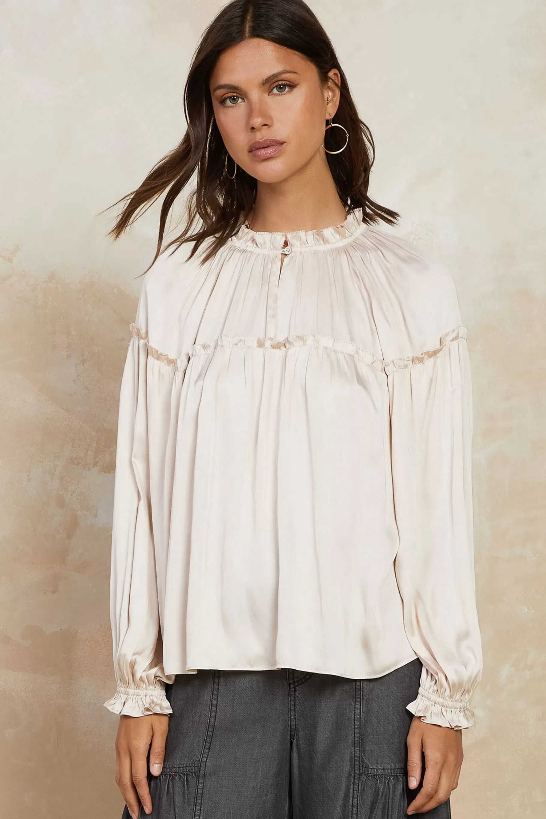 Current Air Long Sleeve Tops>Picot Ruffled Blouse ECRU