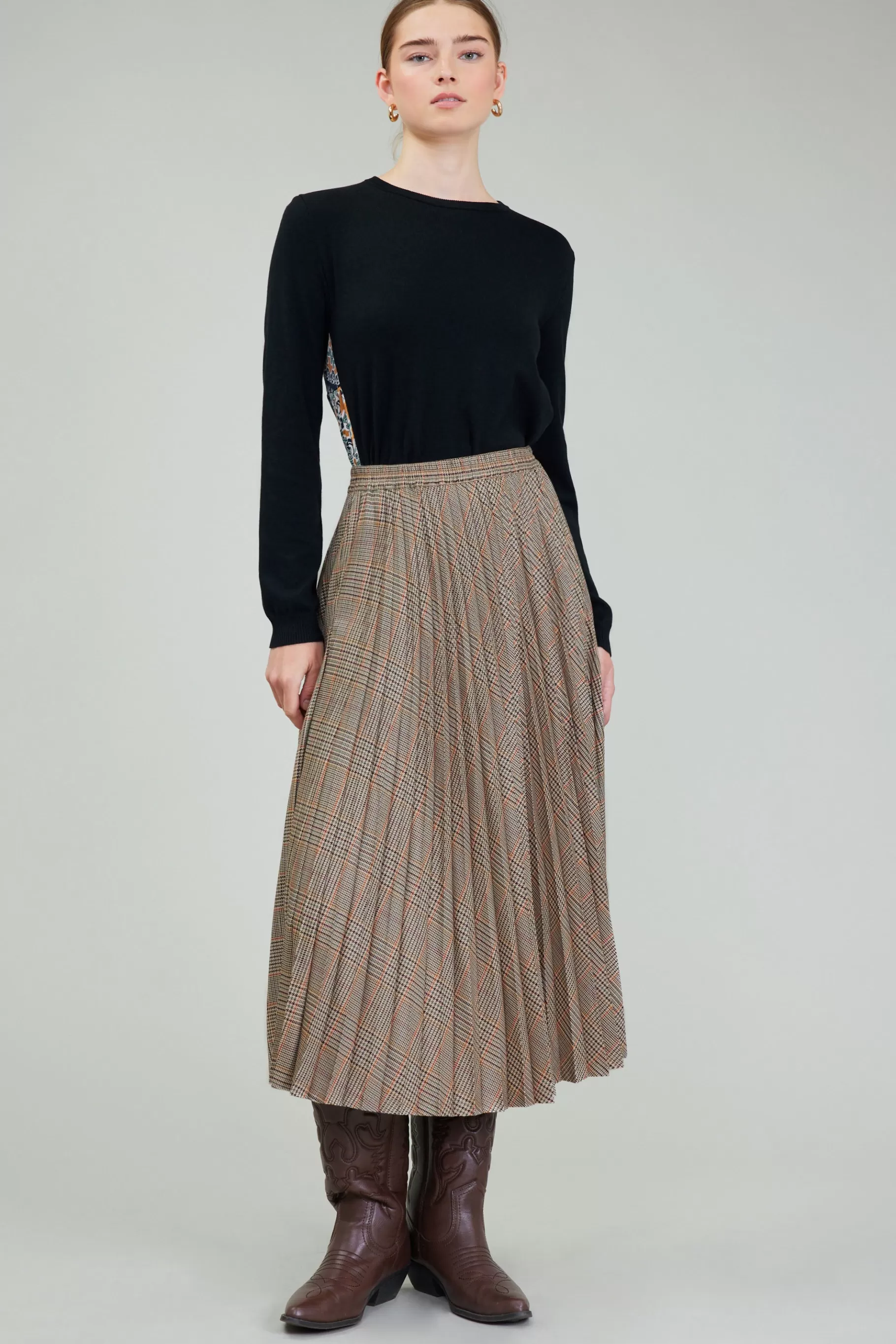 Current Air Skirts>Plaid Pleated Midi Skirt CAMELMLT