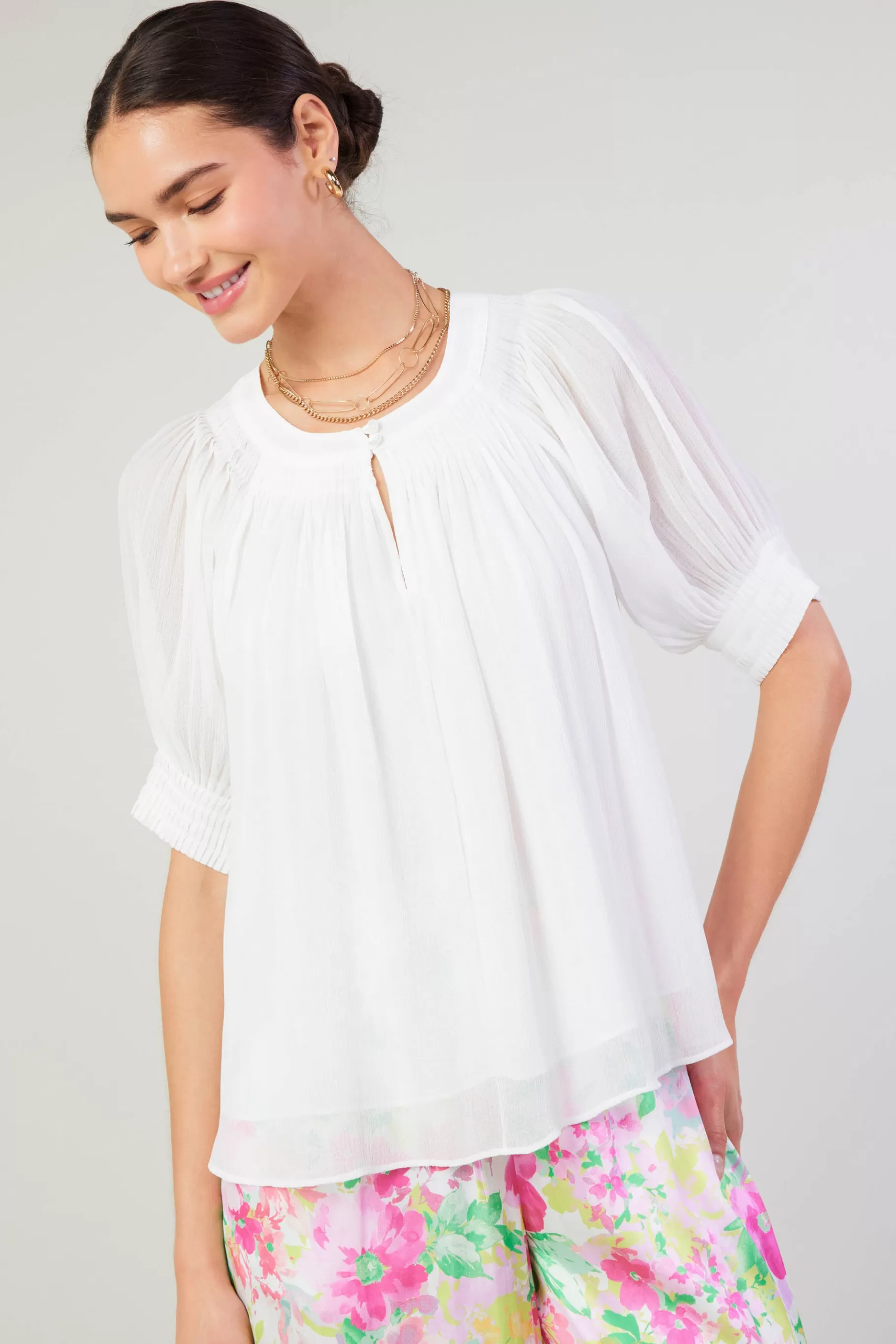 Current Air Short Sleeve Tops>Pleated Cuff Blouse WHITE