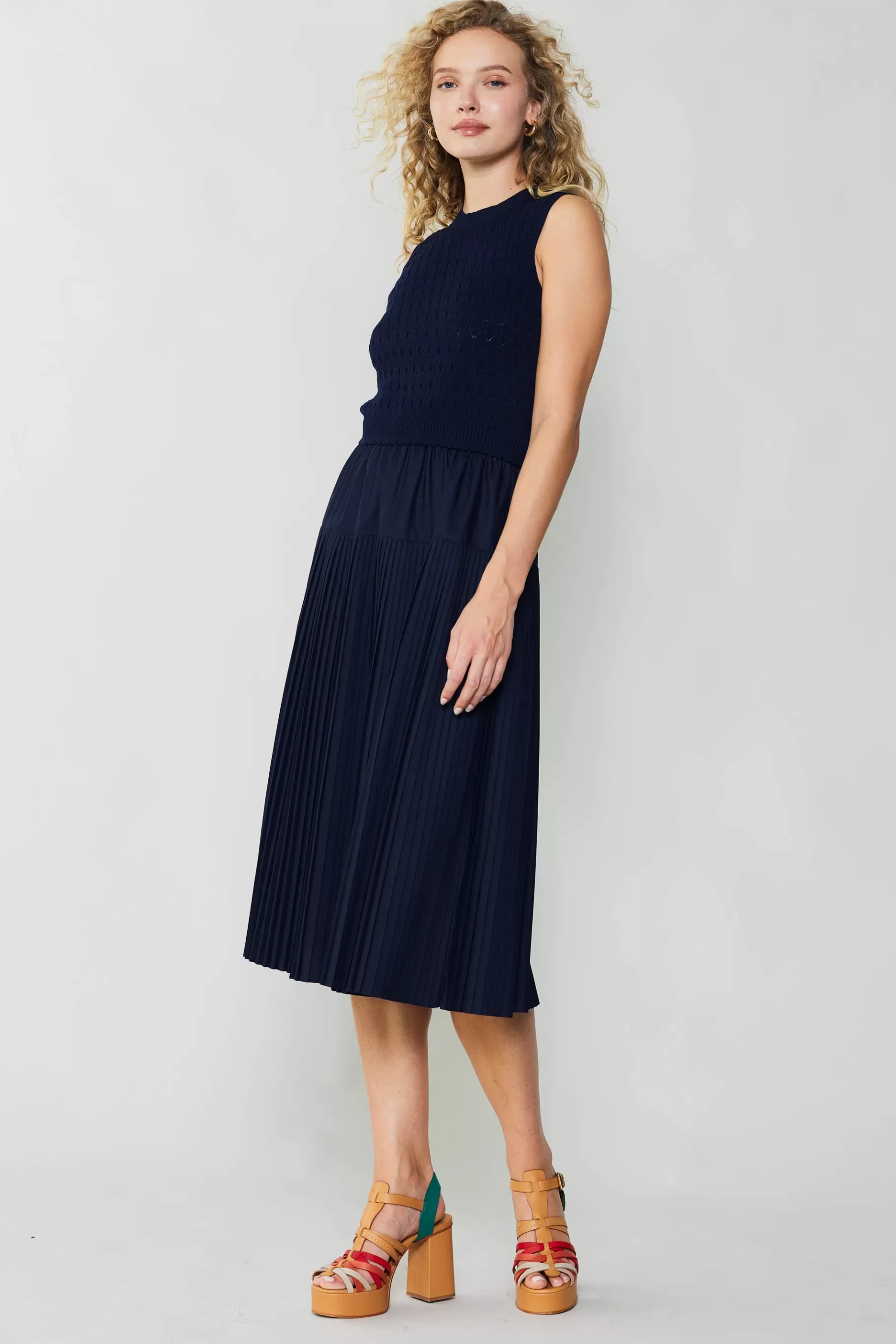 Current Air Knitwear | Midi Dresses>Pleated Skirt Sweater Dress NAVY