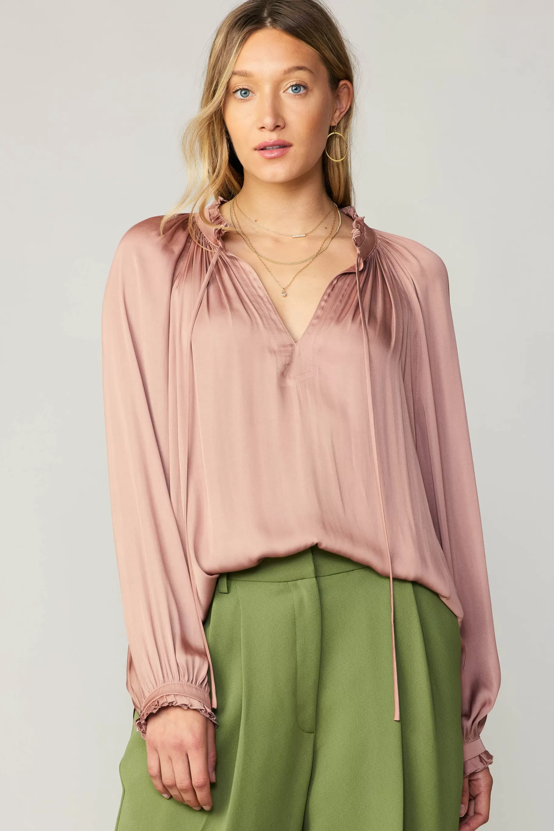 Current Air Long Sleeve Tops>Ruffled Cuff Blouse MAUVE