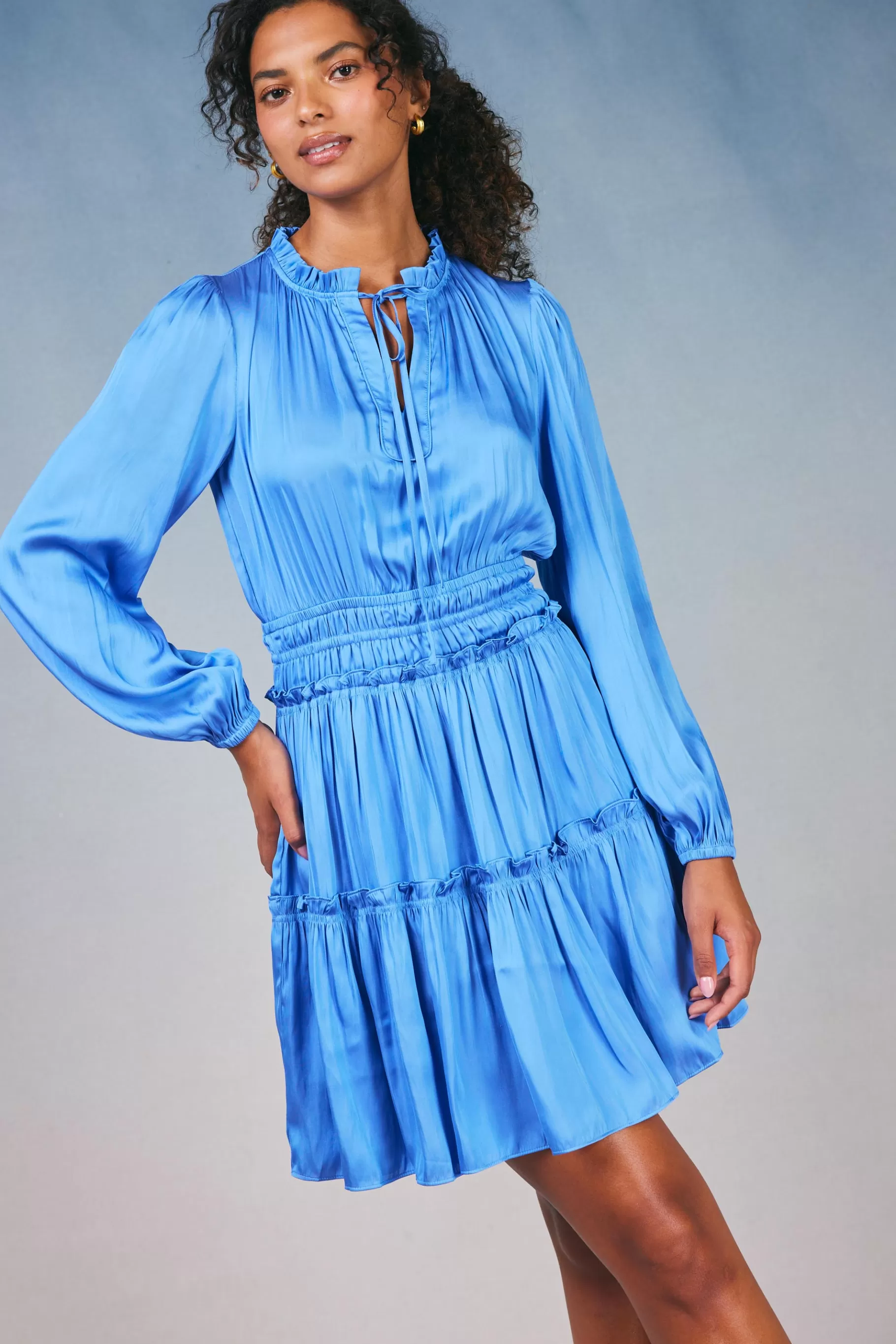 Current Air Mini Dresses>Ruffled Neck Mini Dress AZUREBLUE