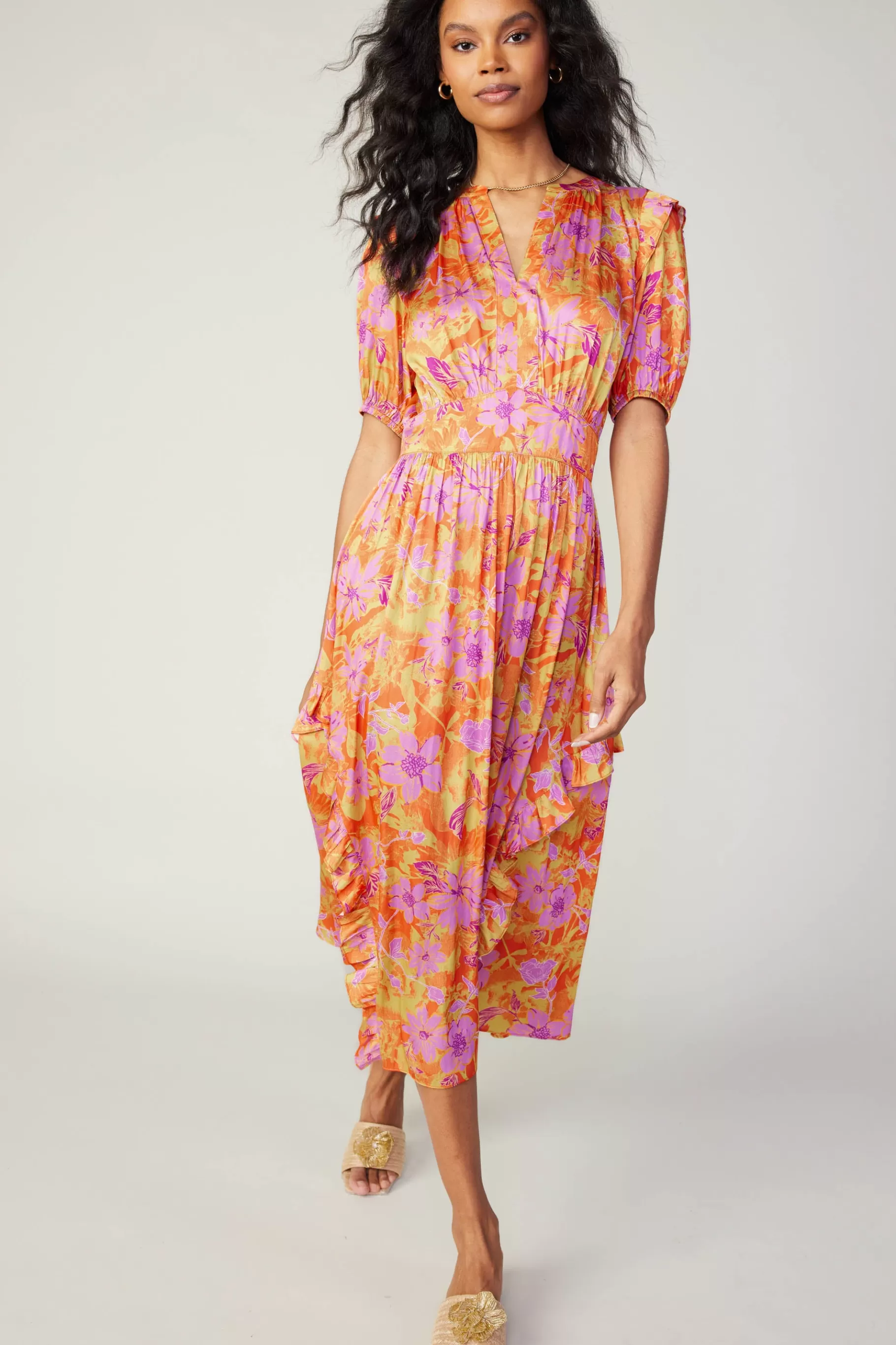 Current Air Midi Dresses>Ruffled Shoulder Floral Midi Dress ORANGEPINK