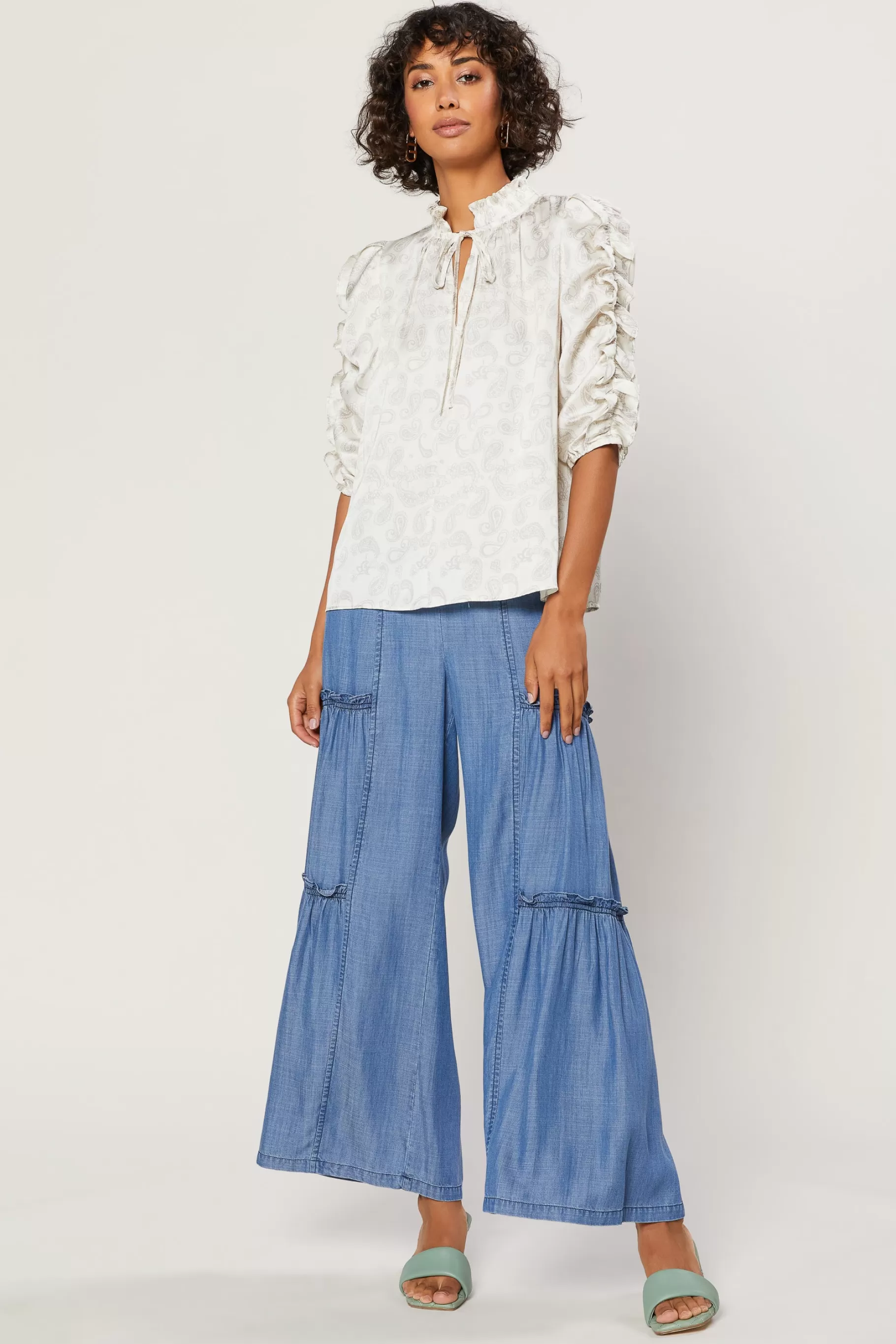 Current Air Long Sleeve Tops>Ruffled Sleeve Jacquard Top IVORY
