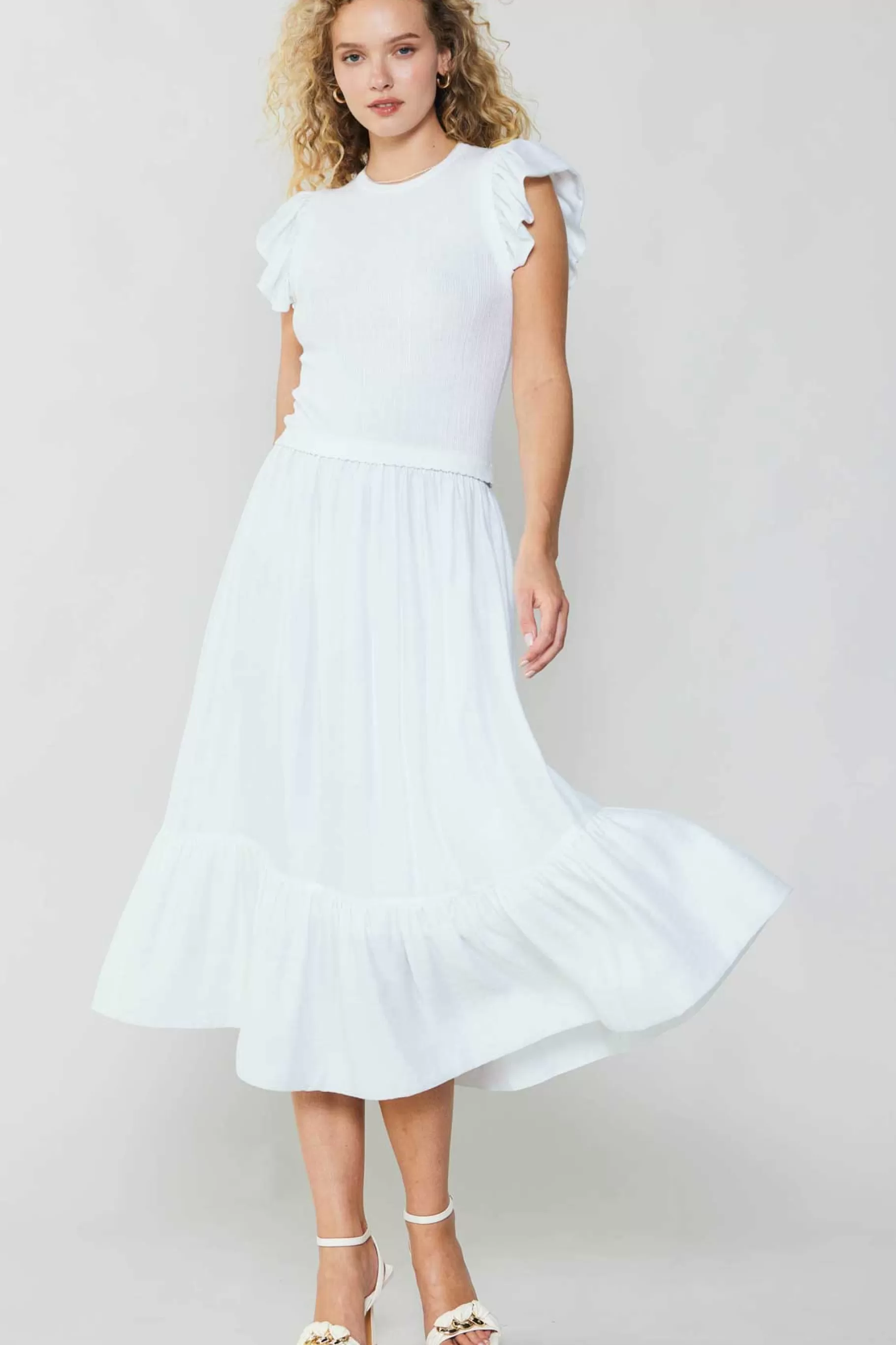 Current Air Knitwear | Midi Dresses>Ruffled Sleeve Sweater Dress WHITE