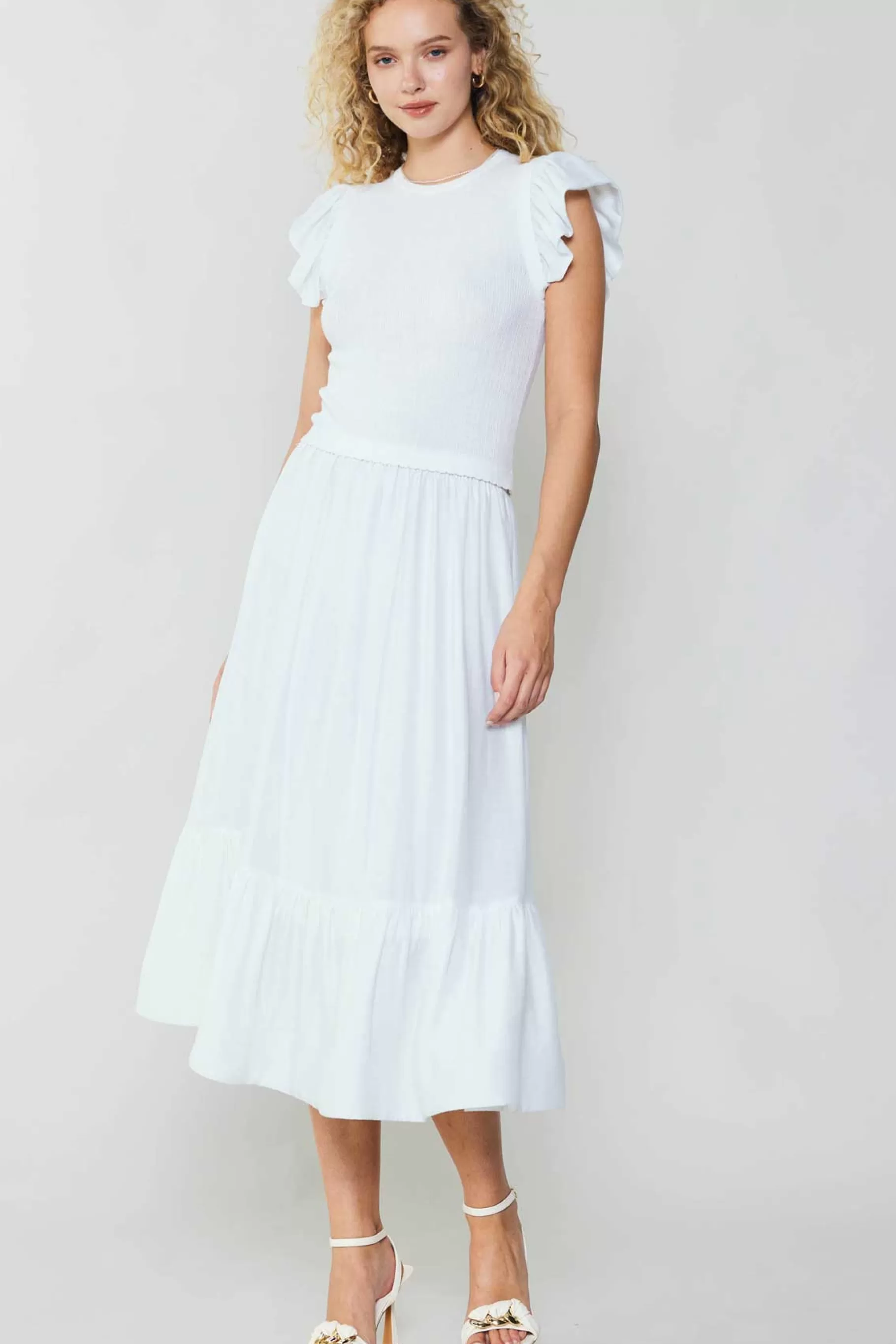 Current Air Knitwear | Midi Dresses>Ruffled Sleeve Sweater Dress WHITE