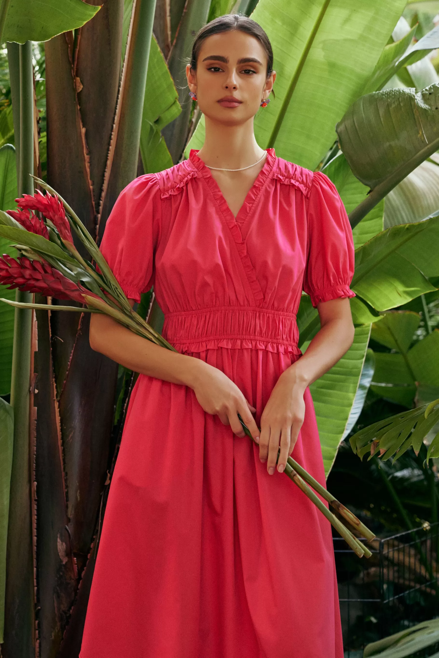 Current Air Midi Dresses>Ruffled Surplice Midi Dress FUCHSIA