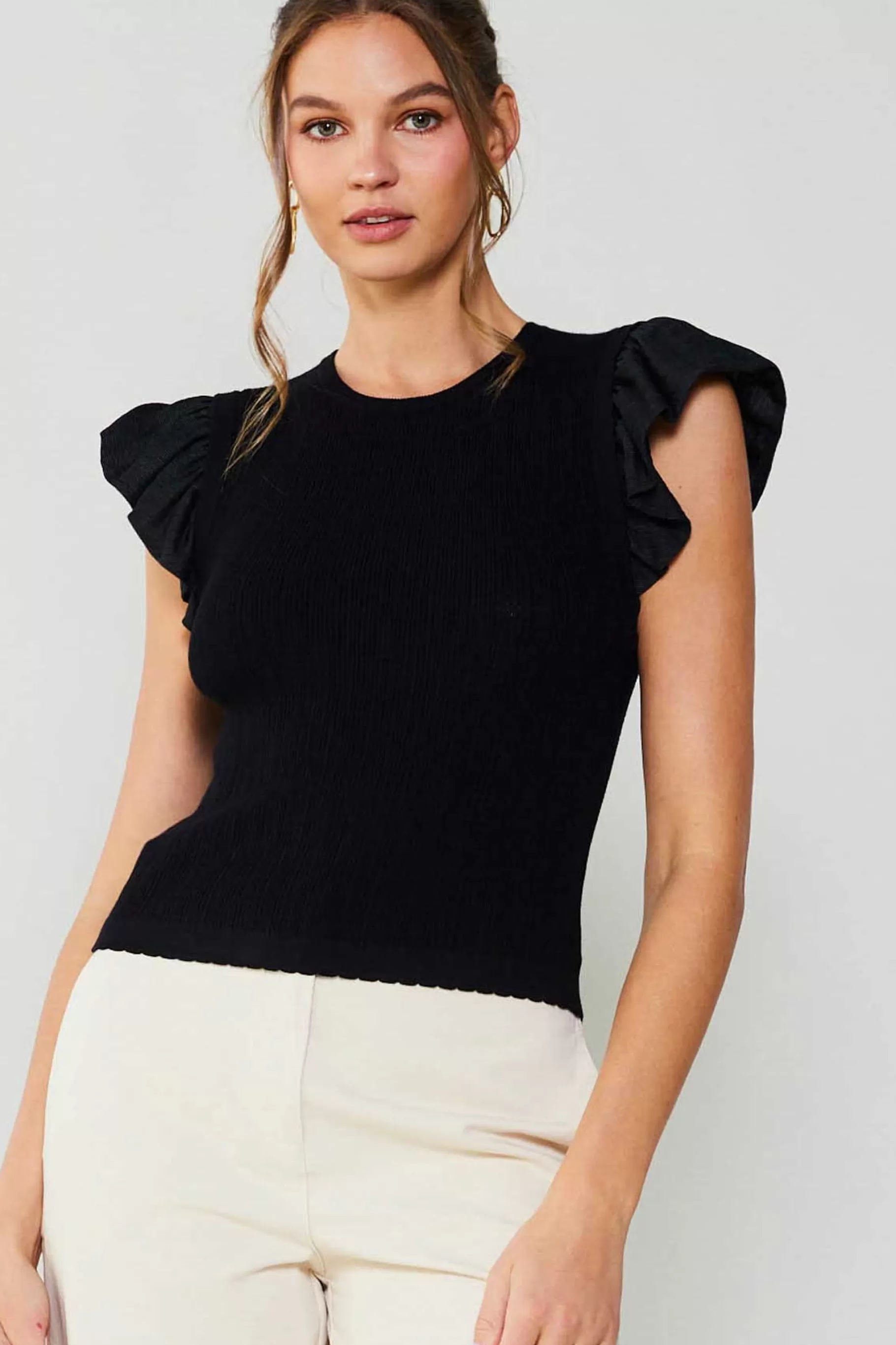 Current Air Knitwear | Sleeveless Tops>Ruffled Sweater Knit Tank BLACK
