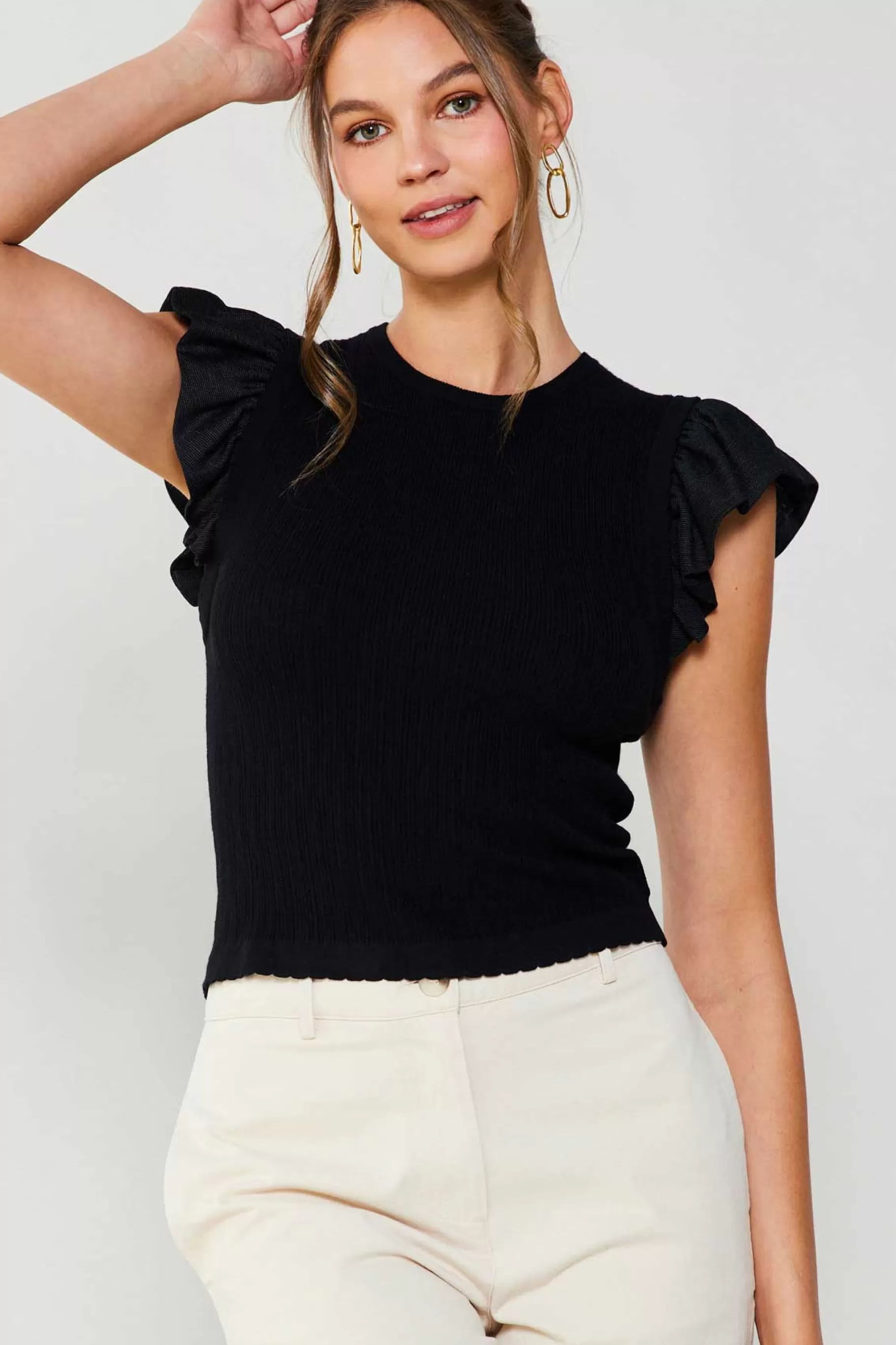 Current Air Knitwear | Sleeveless Tops>Ruffled Sweater Knit Tank BLACK