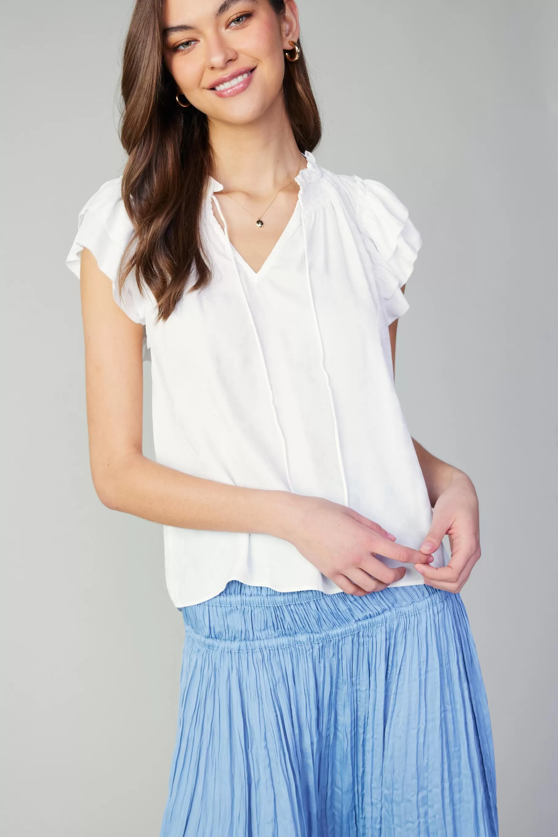 Current Air Short Sleeve Tops>Sadie Tiered Sleeve Floral Blouse OFFWHITEFLORAL