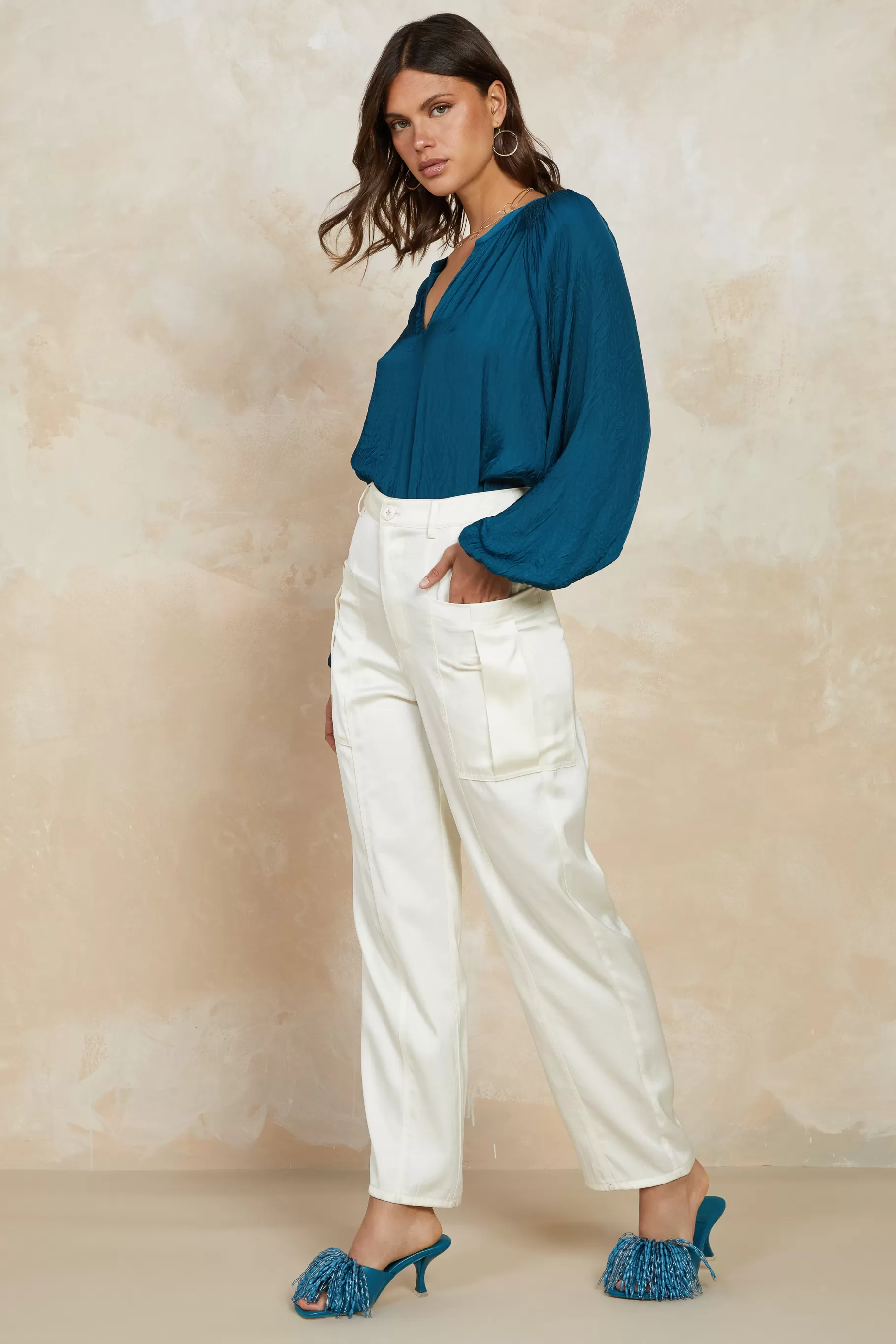 Current Air Pants>Satin Straight Leg Pants IVORY