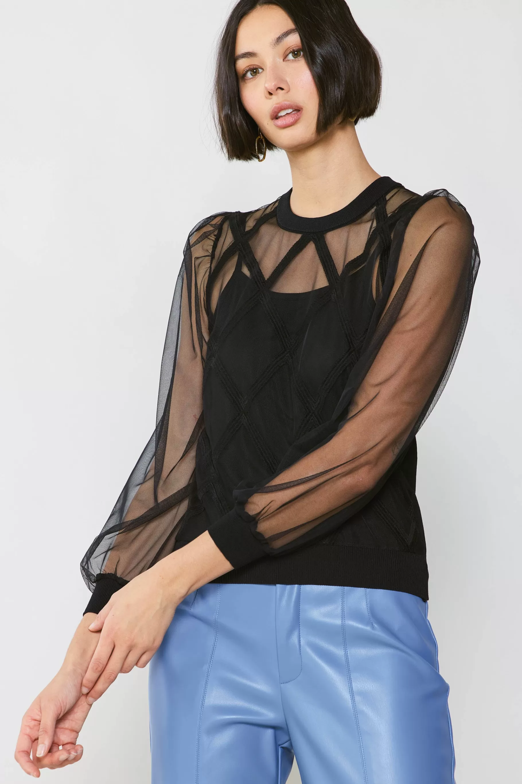 Current Air Long Sleeve Tops | Sweaters>Sheer Crosshatch Cami-lined Top BLACK