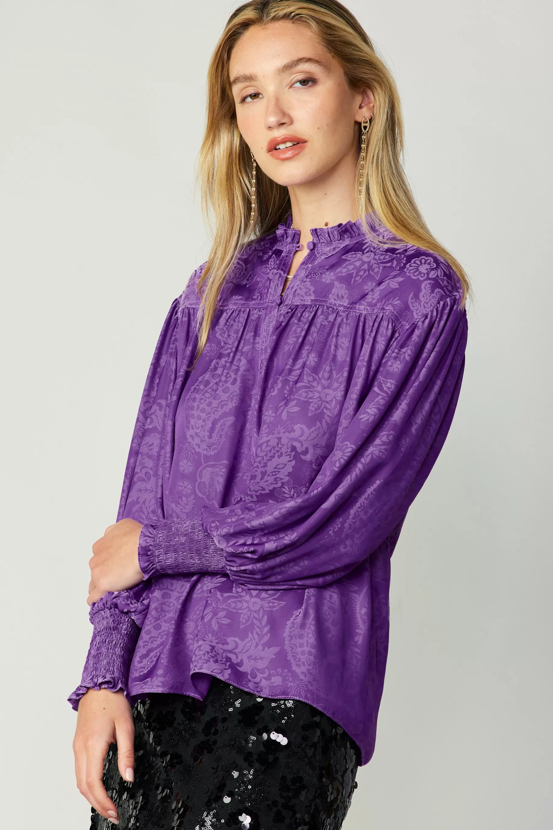 Current Air Long Sleeve Tops>Smocked Cuff Blouse HYPERVIOLET