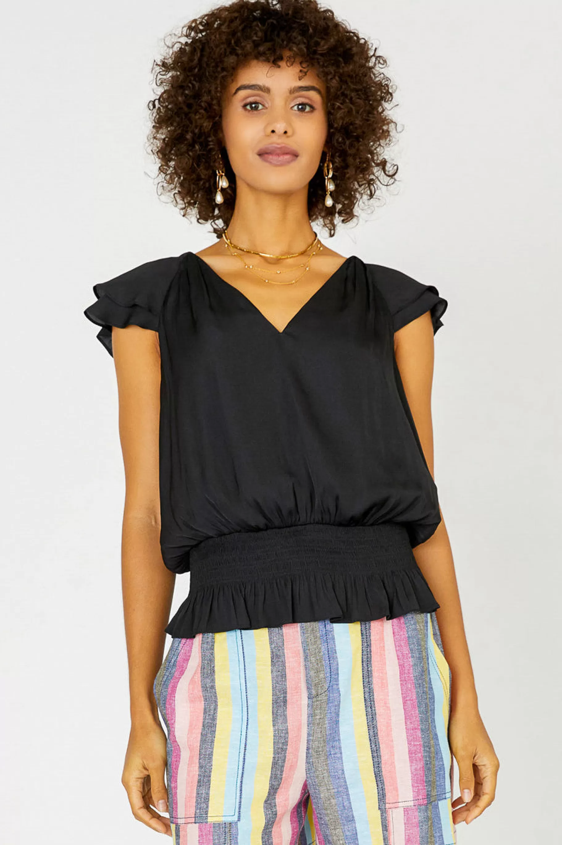 Current Air Sleeveless Tops>Smocked Waist Cap Sleeve Top BLACK
