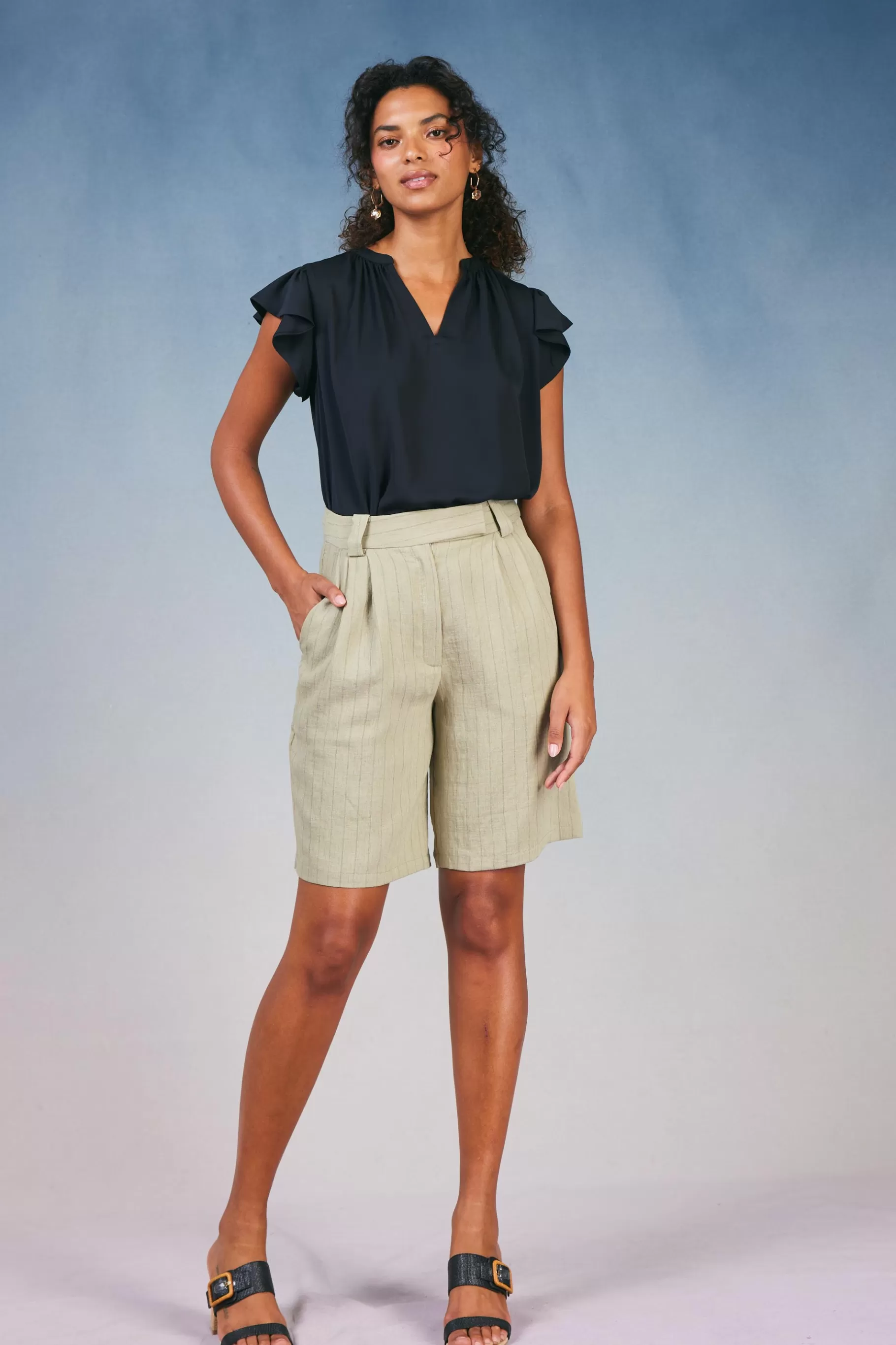 Current Air Shorts>Striped Knee Length Shorts KHAKISTRIPE