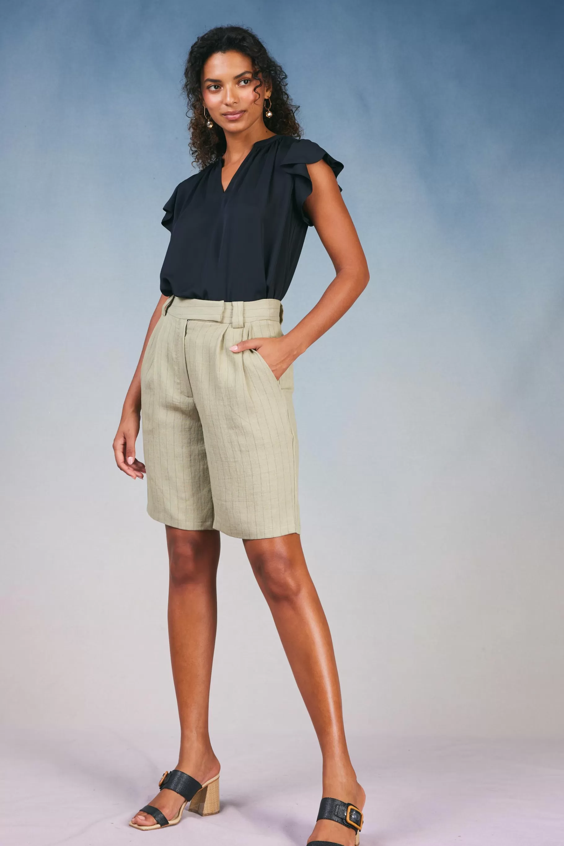 Current Air Shorts>Striped Knee Length Shorts KHAKISTRIPE