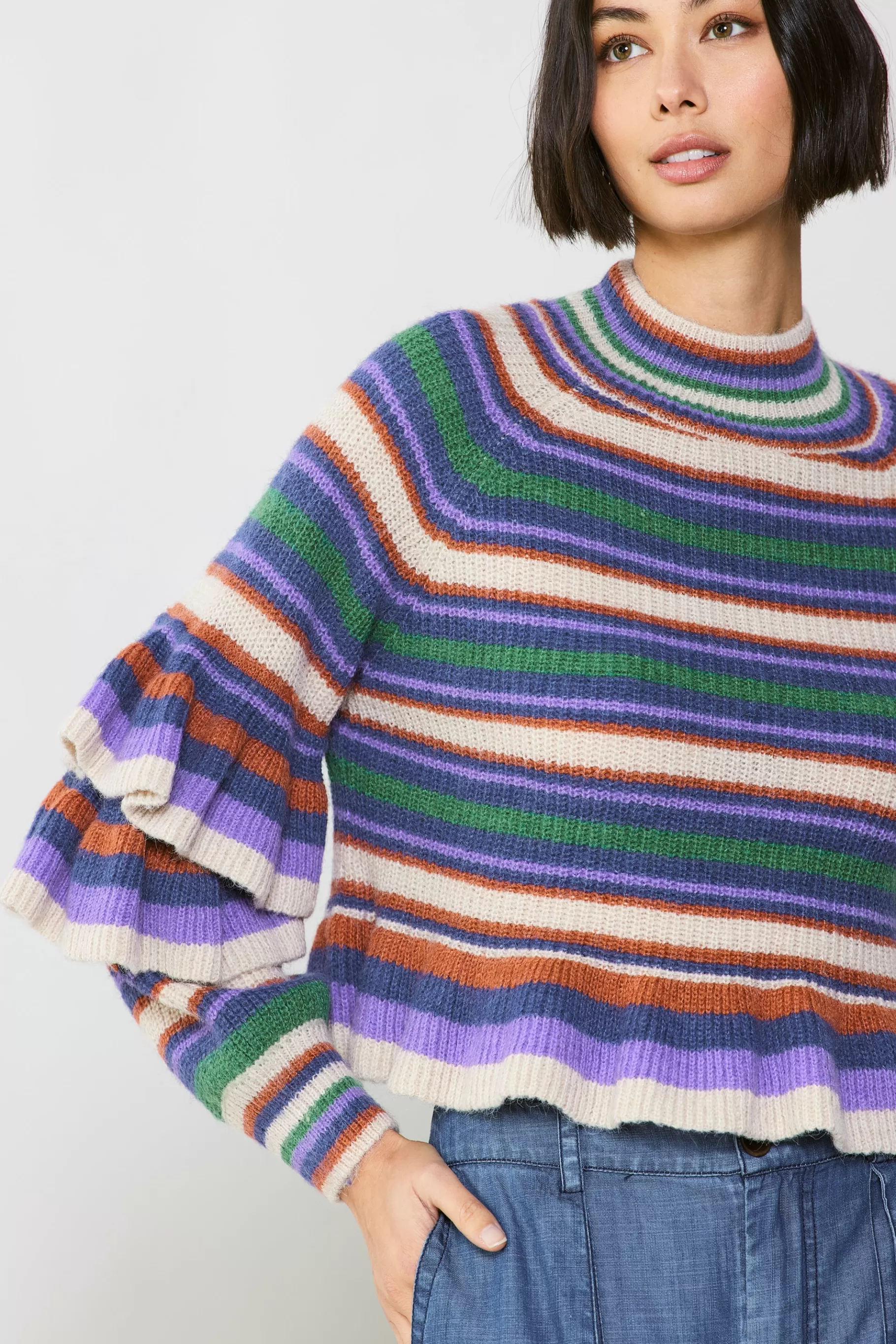 Current Air Sweaters>Striped Tiered Sleeve Sweater PURPLEGREEN