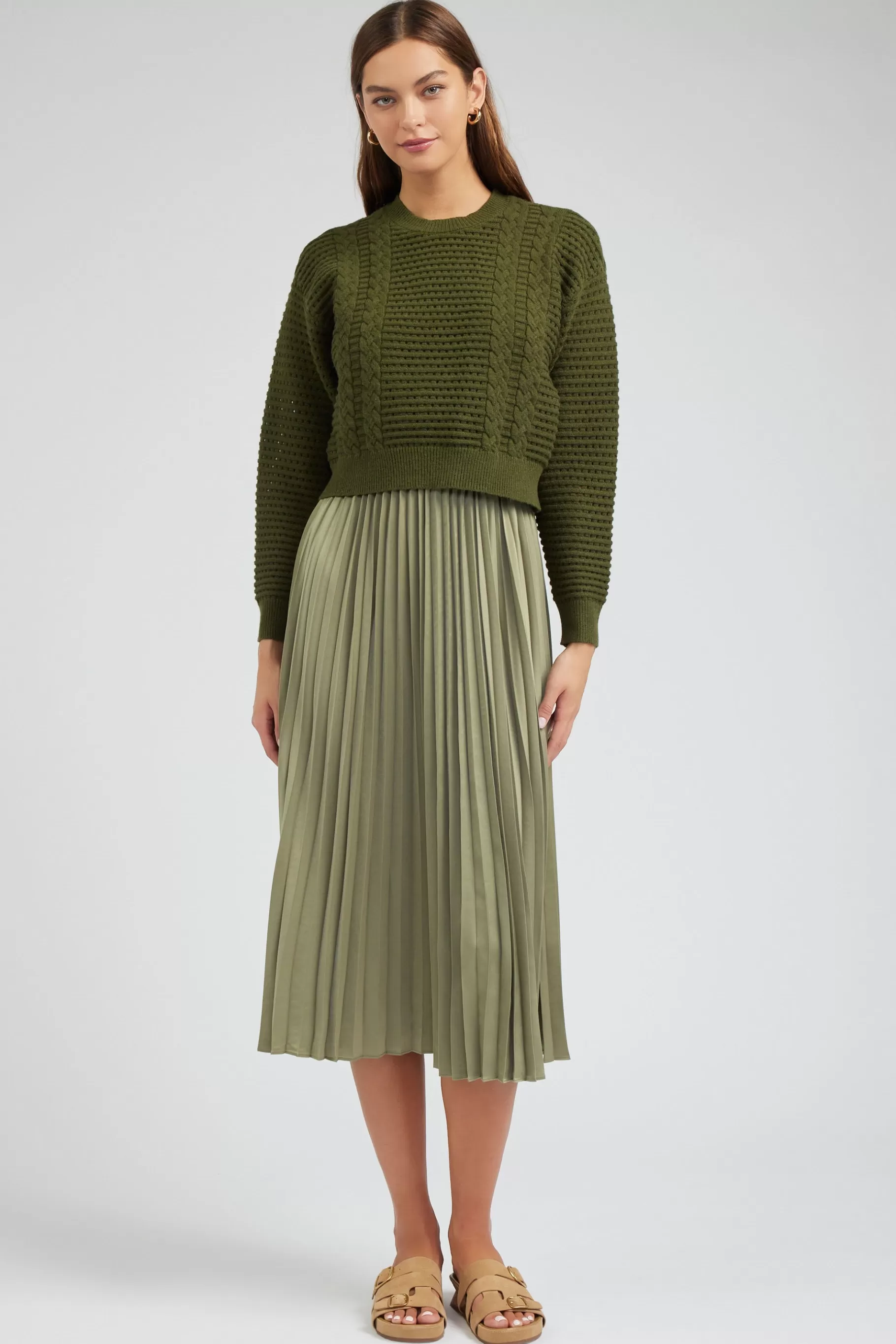 Current Air Knitwear>Sweater & Pleated Dress Set OLIVE