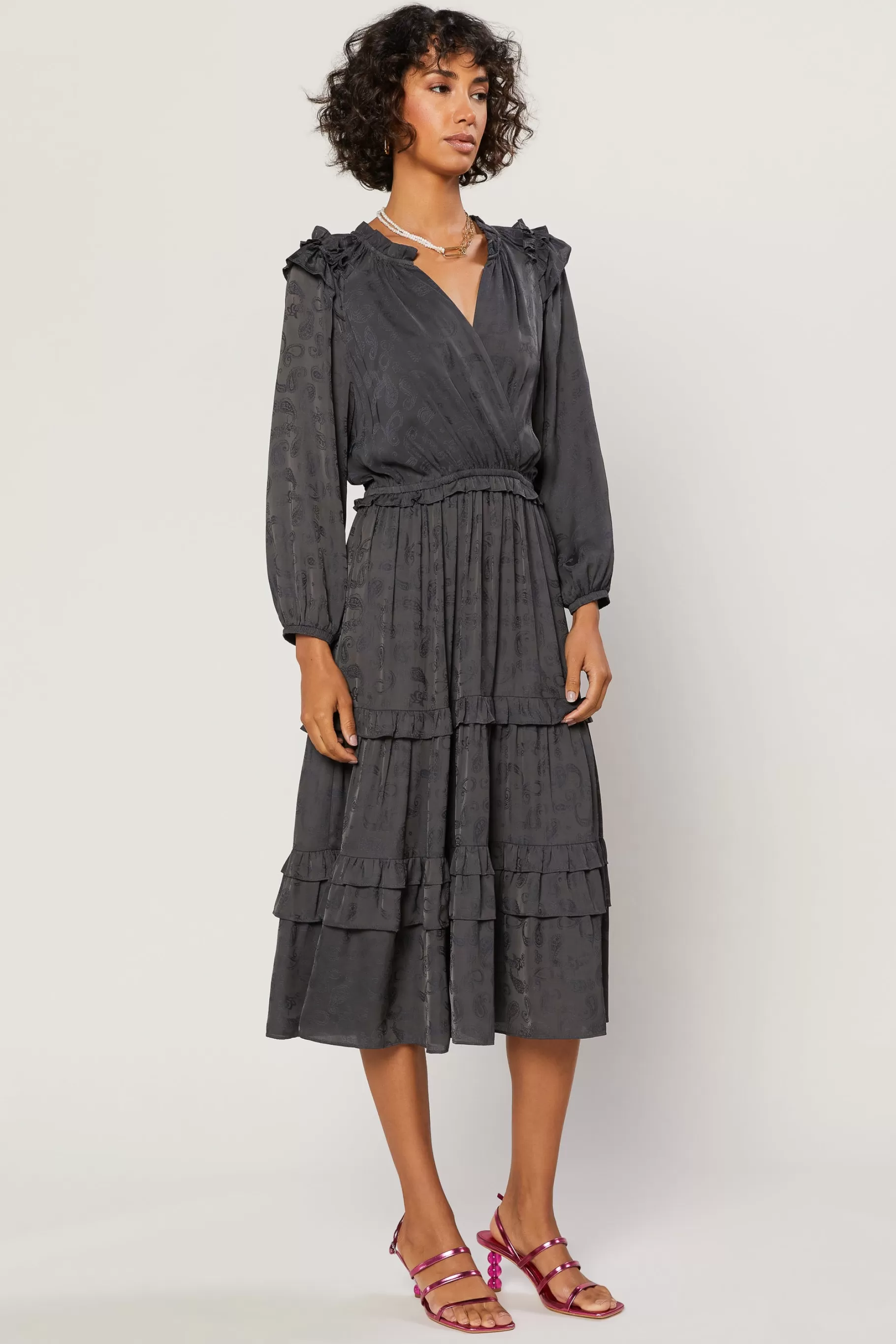 Current Air Midi Dresses>Tiered Skirt Midi Dress CHARCOAL