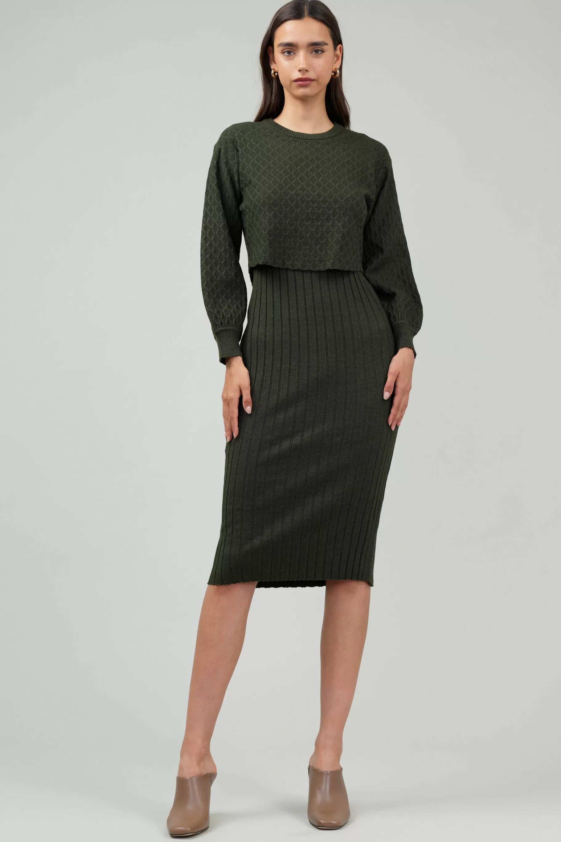 Current Air Knitwear | Midi Dresses>Two Piece Sweater Dress DARKMOSSGREEN
