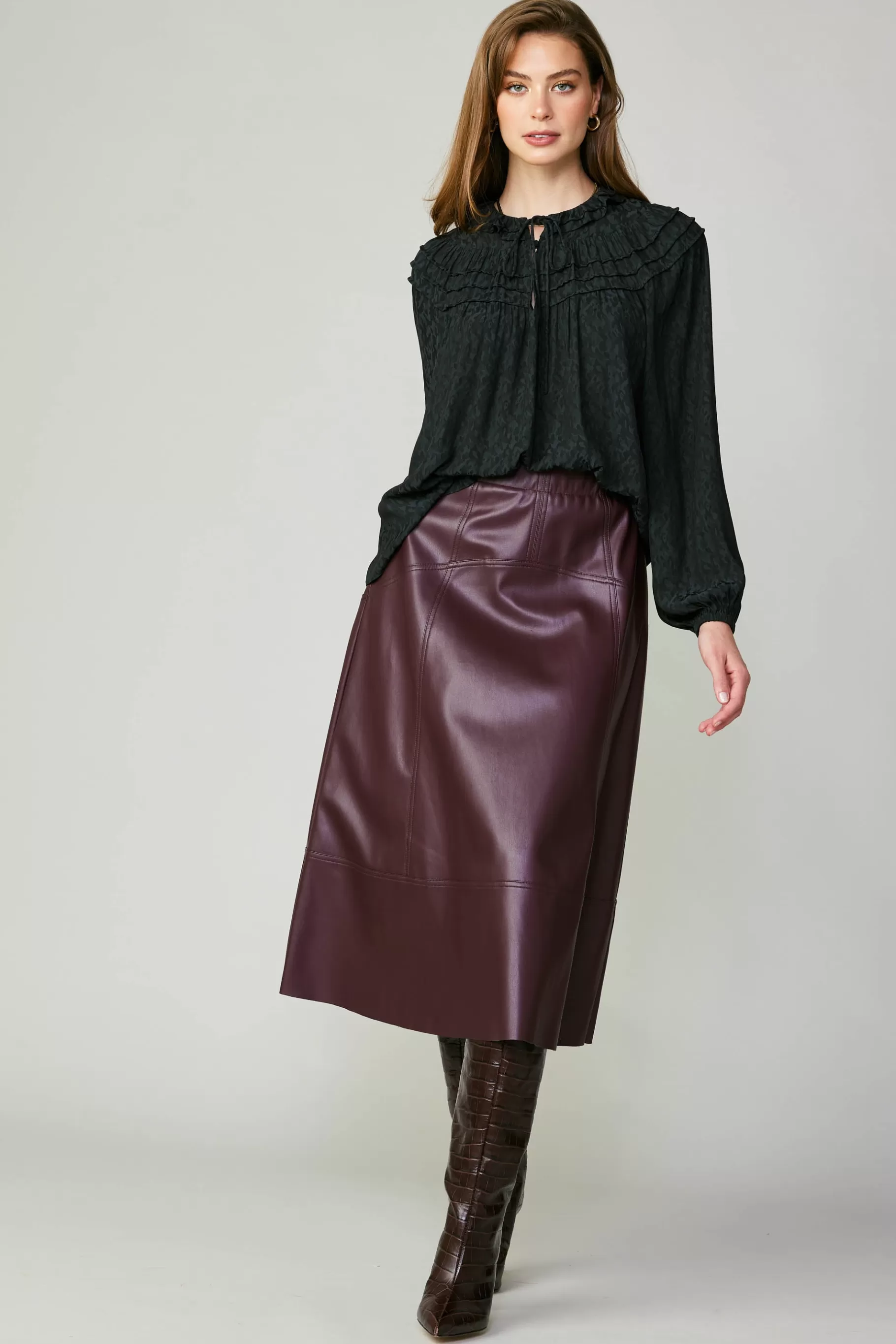 Current Air Skirts>Vegan Leather Midi Skirt BURGUNDY