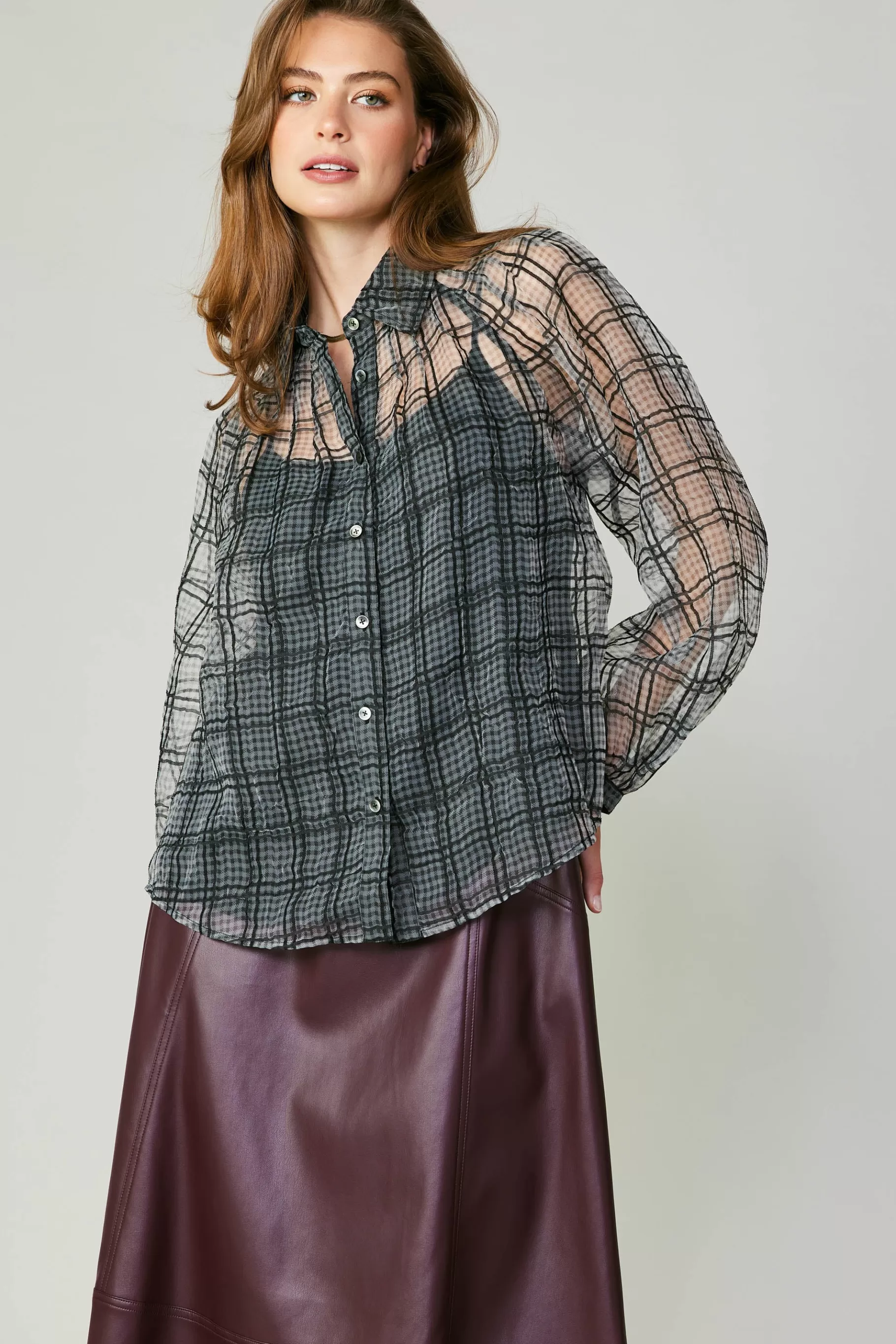 Current Air Long Sleeve Tops>Windowpane Plaid Sheer Blouse BLACK